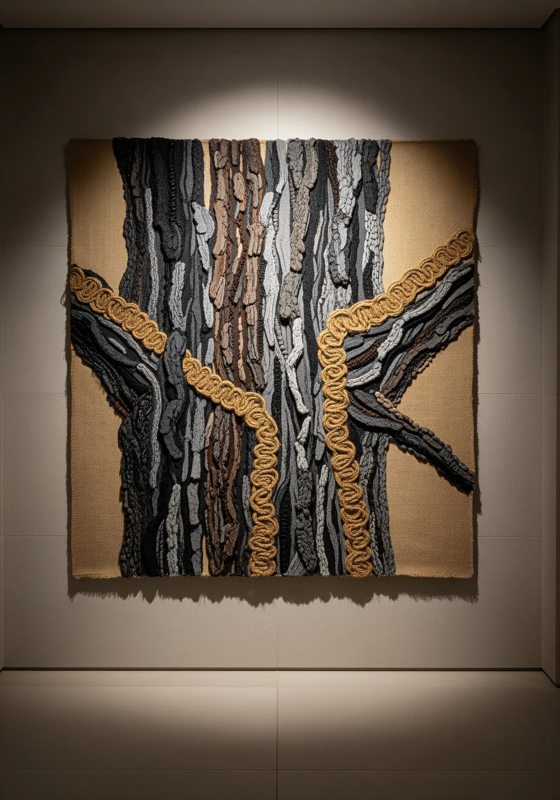 A highly textured textile art piece mimicking tree bark with various fibers.