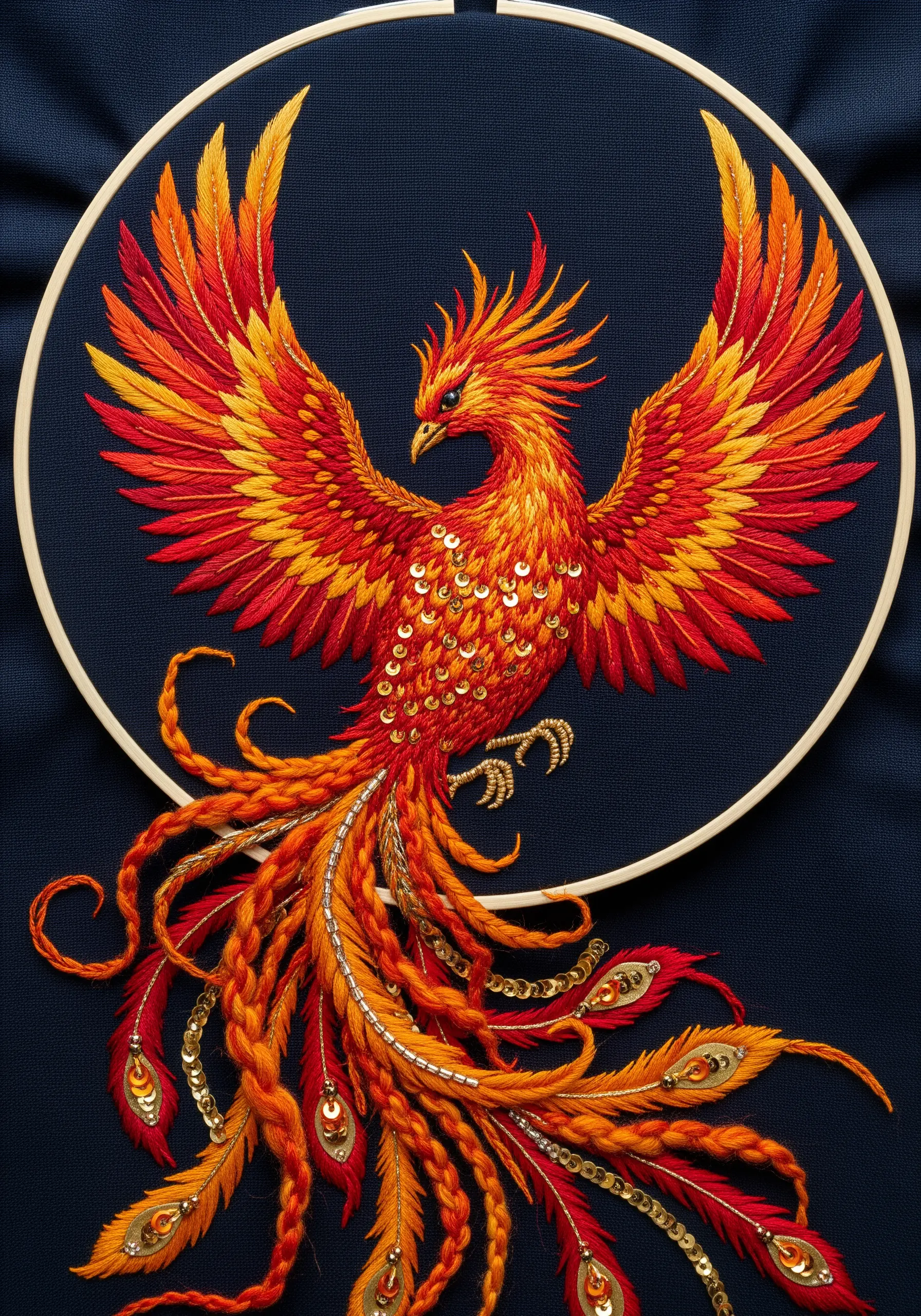 Embroidered phoenix with red and gold thread, sequins, and braided floss.