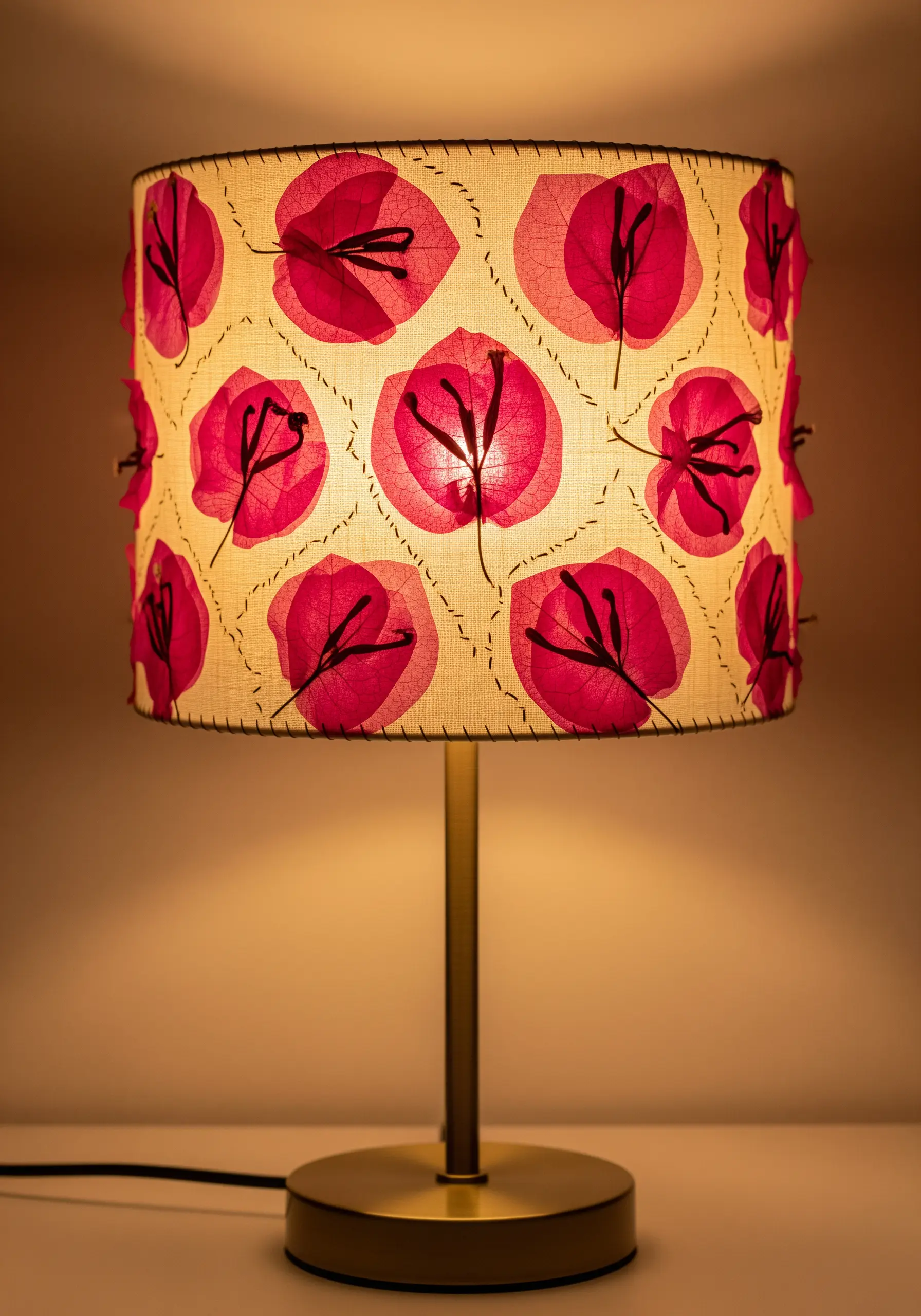 Lampshade decorated with translucent pressed pink petals and dark running stitches.