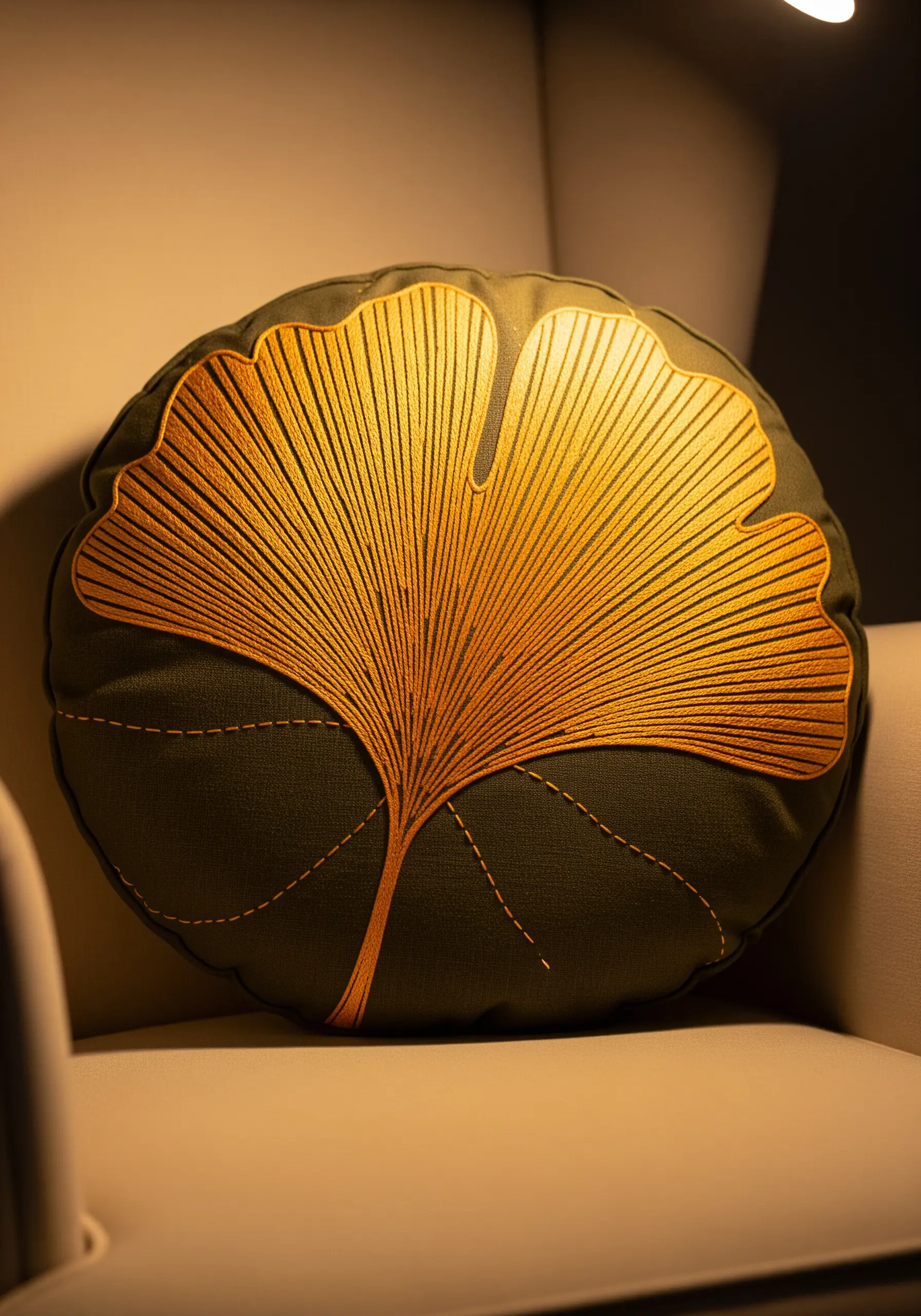 A round olive cushion embroidered with a large, golden ginkgo leaf in satin stitch.