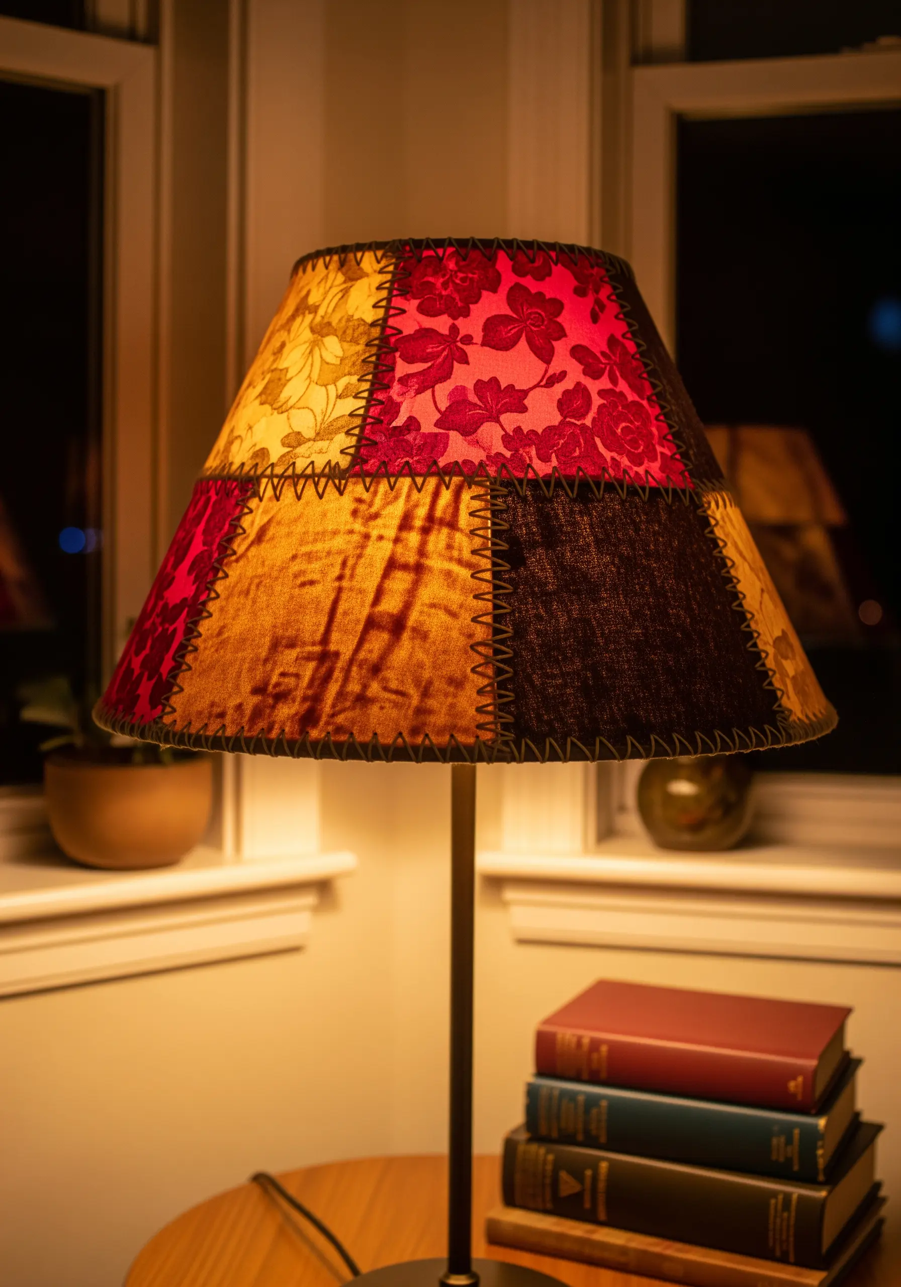 Lampshade covered in a patchwork of warm-toned velvet and floral fabric scraps.