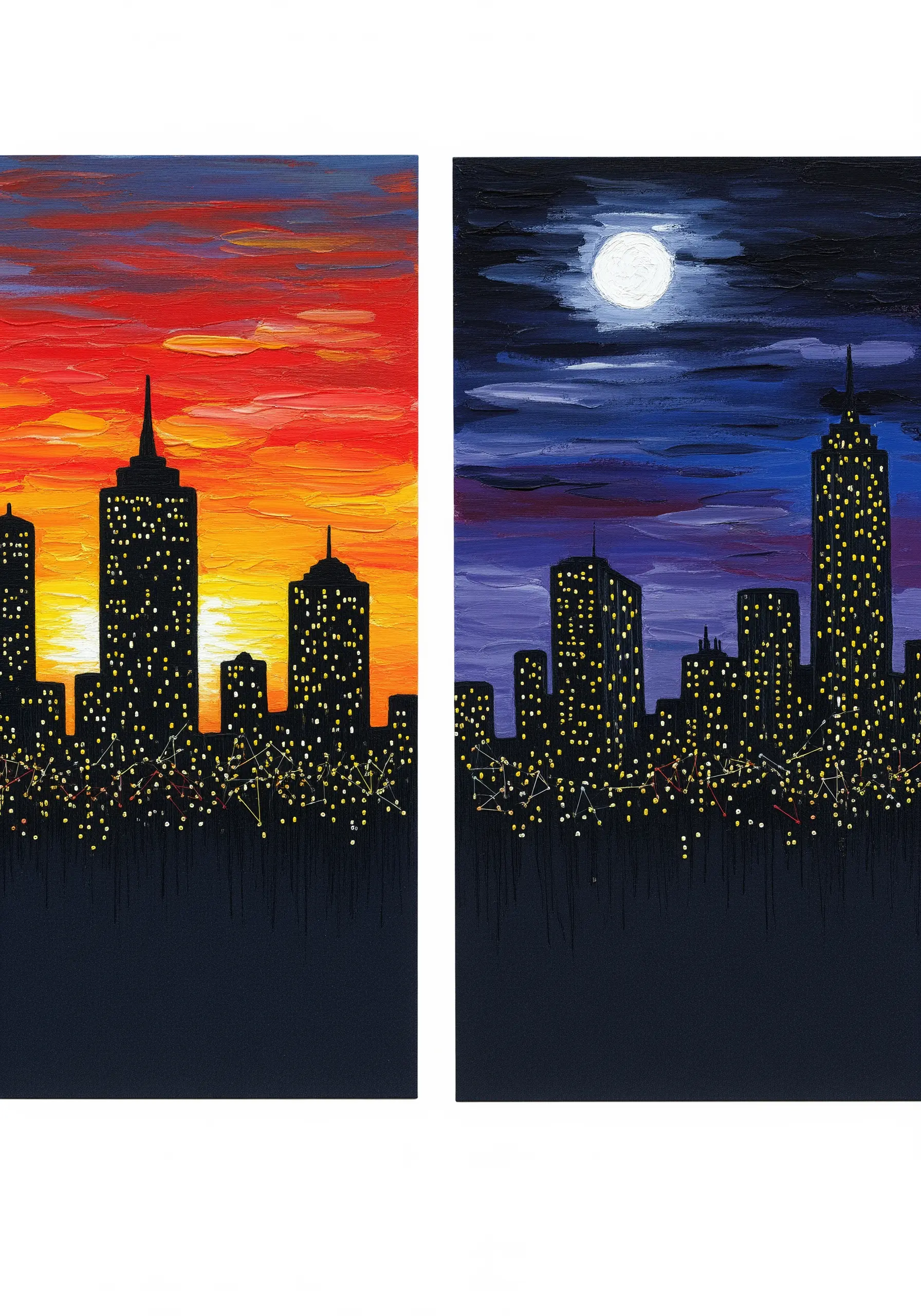 Day-and-night cityscape paintings where the city lights are embroidered with yellow thread.