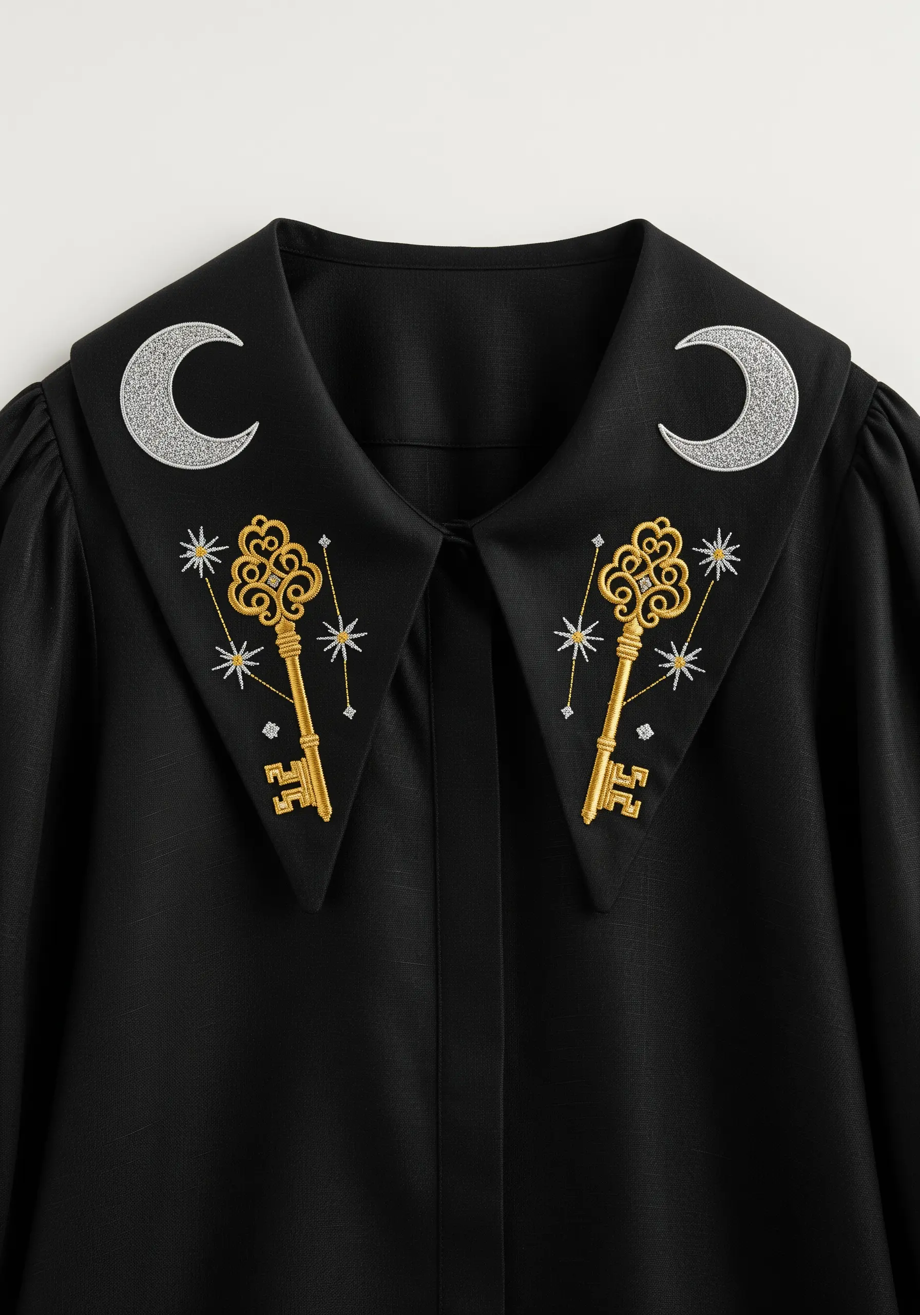 Ornate collar embroidery with silver crescent moons, gold keys, and sparkling stars on a black shirt.