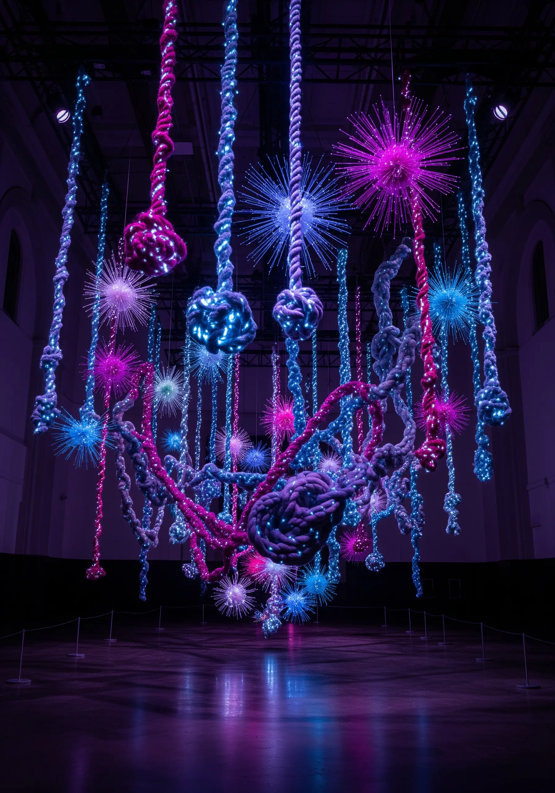 Hanging fiber art with thick, knotted ropes in blue and magenta, illuminated with integrated lights.