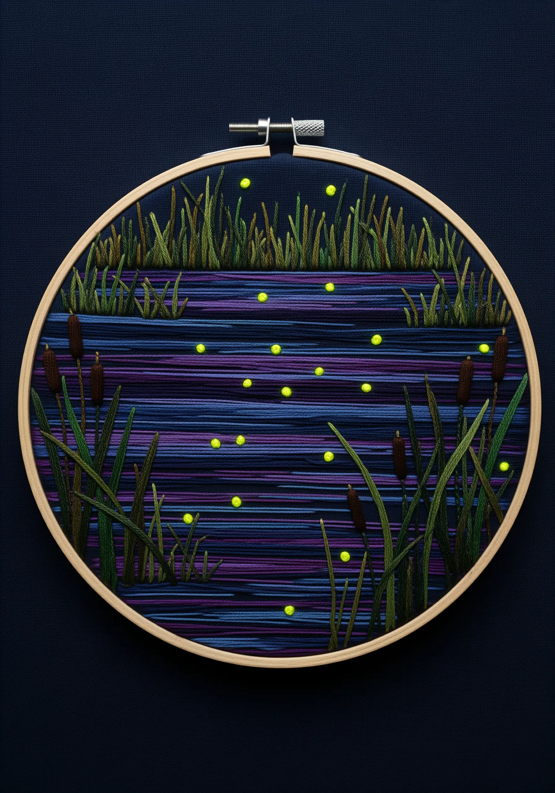 A night pond scene with cattails and glowing fireflies made from fluorescent thread French knots.