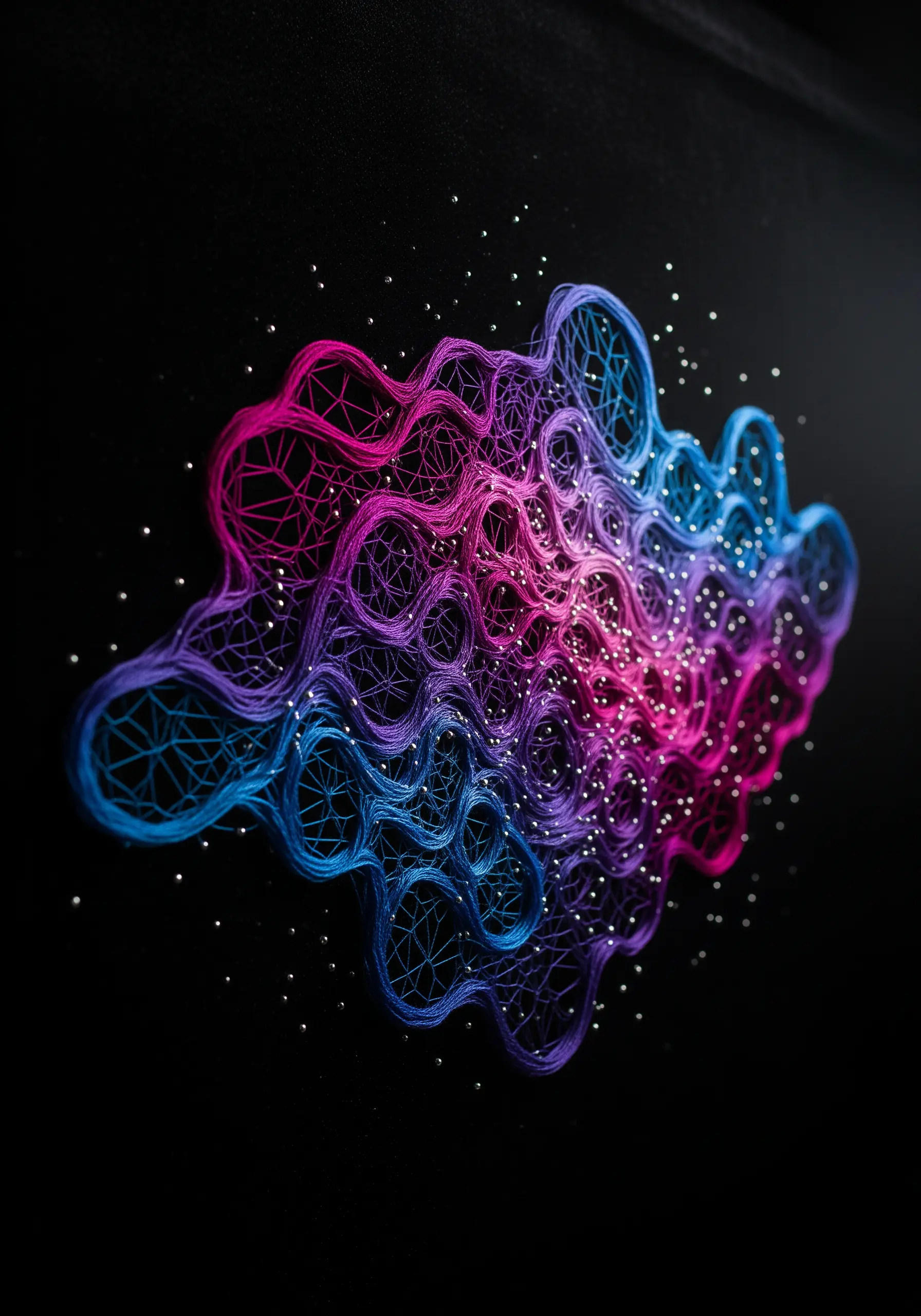 A celestial nebula made from pink, purple, and blue string art with beaded stars.