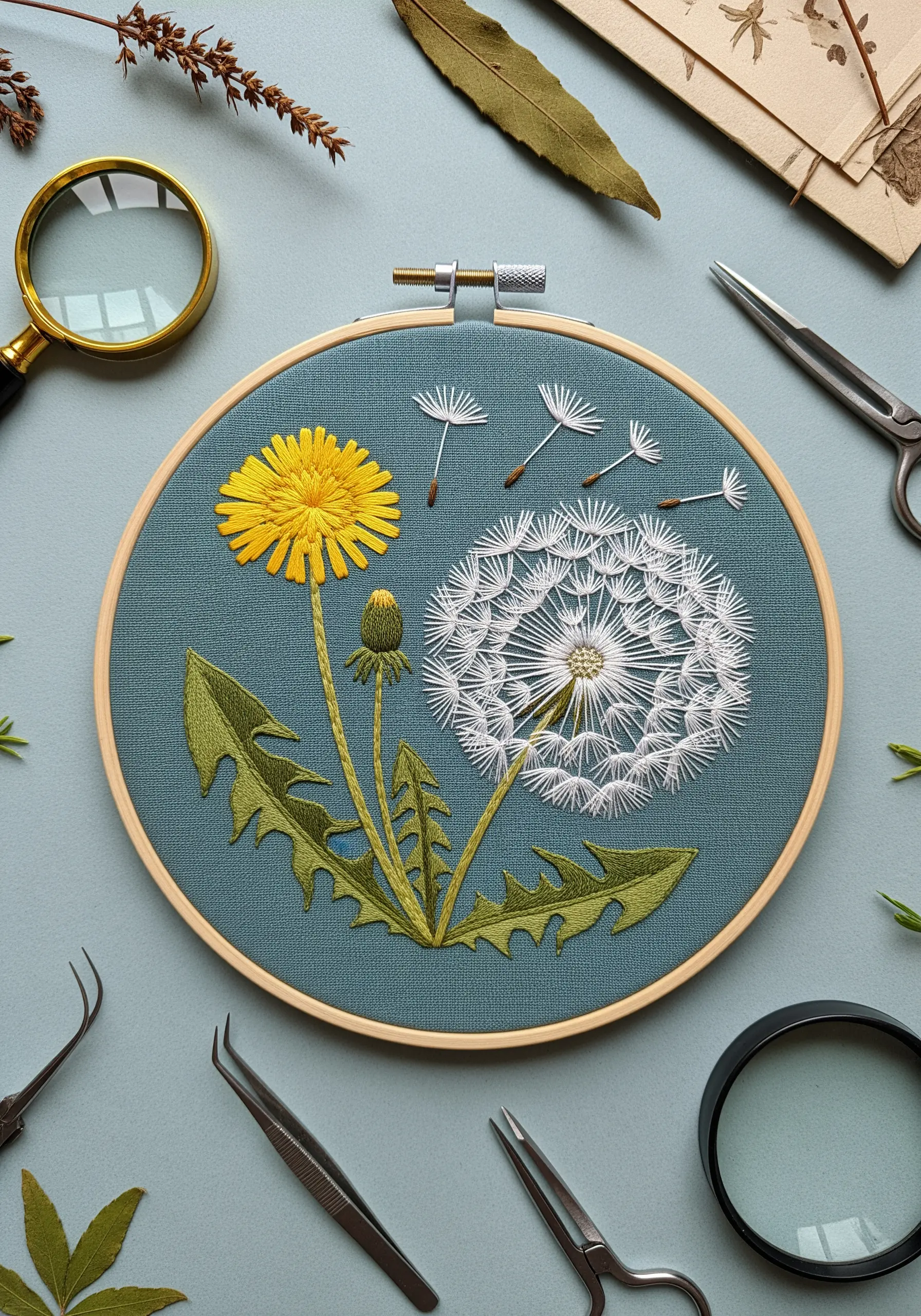 The life cycle of a dandelion embroidered on blue fabric, from yellow flower to seed head.