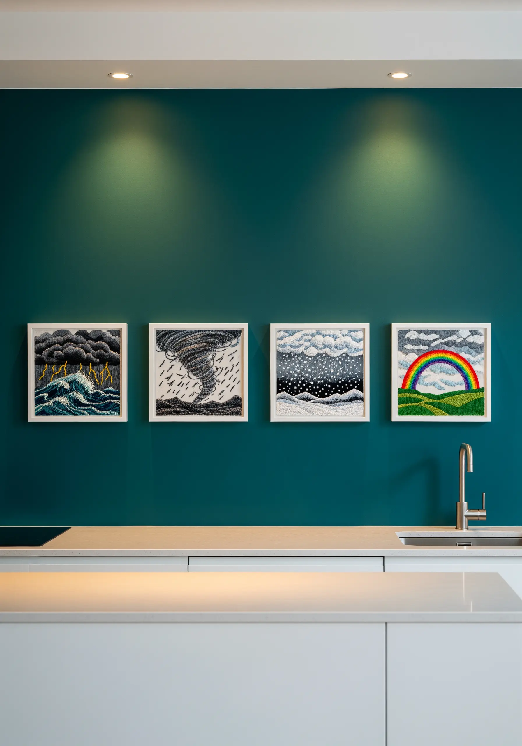 Four framed embroideries depicting different weather: a storm, a tornado, snow, and a rainbow.
