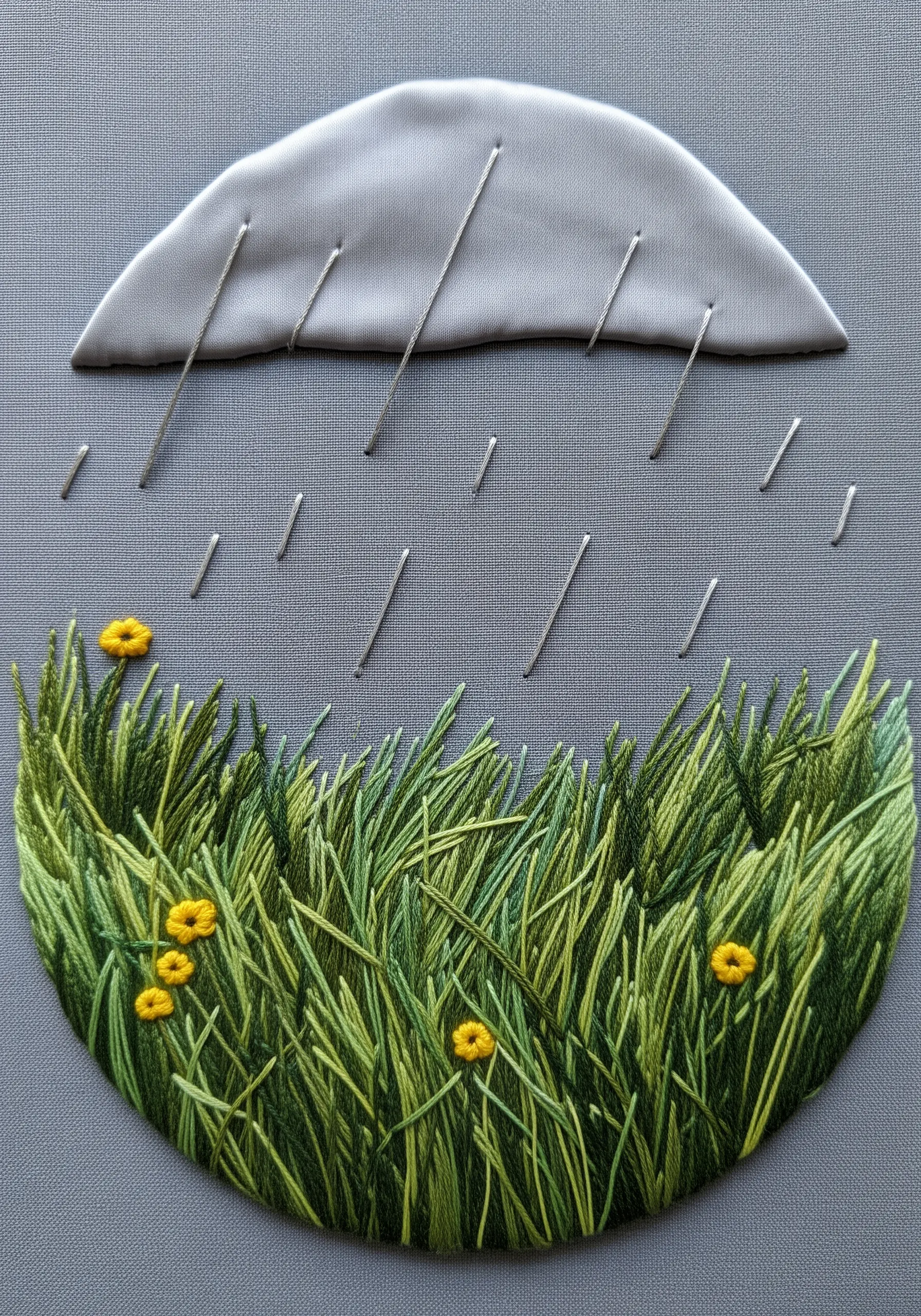 Minimalist embroidery combining a gray fabric appliqué cloud with metallic thread rain and green grass.