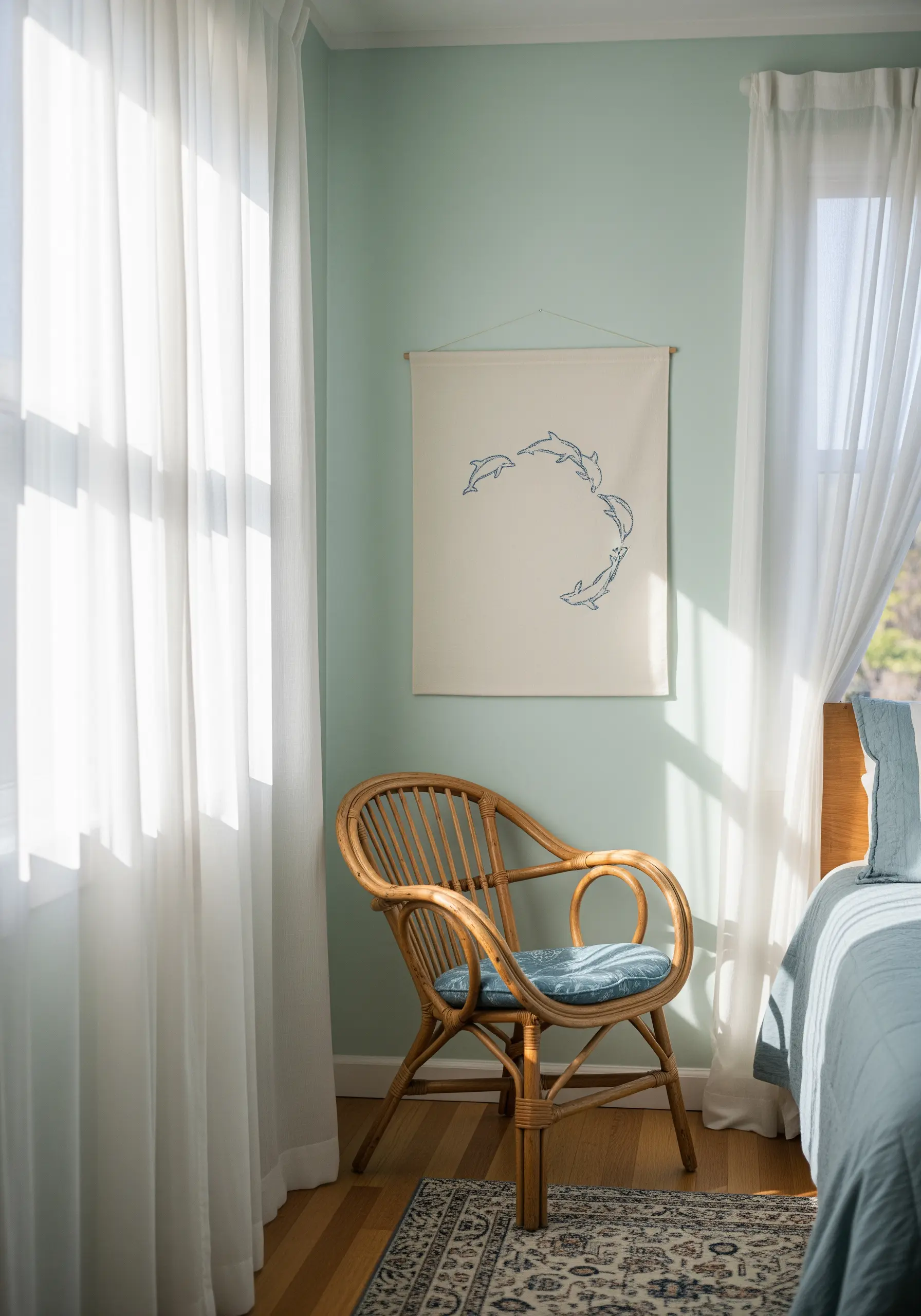 A wall banner with five dolphins embroidered in a circular pattern, suggesting graceful movement.