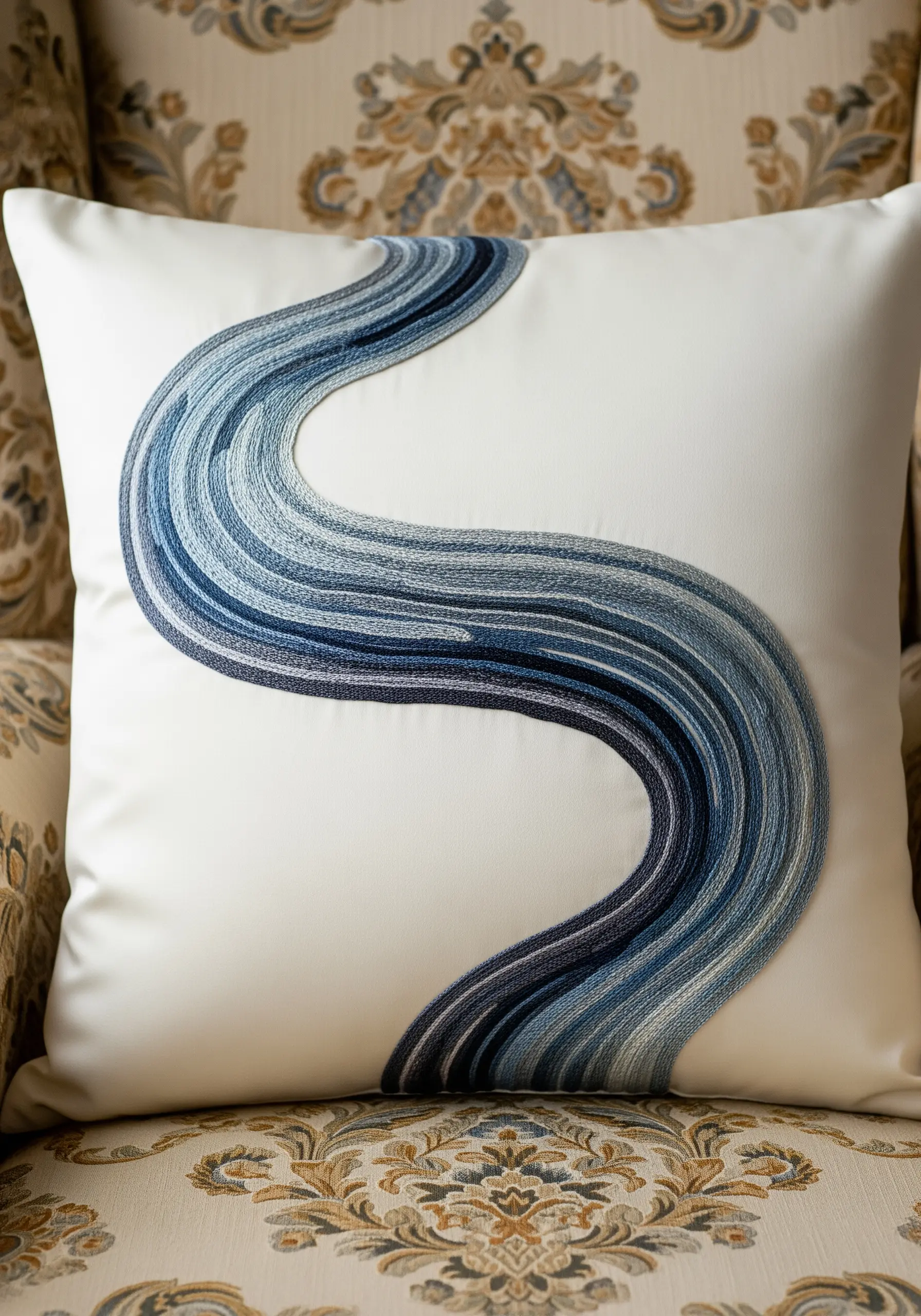 An abstract, flowing river embroidered in shades of blue and grey on a white cushion.