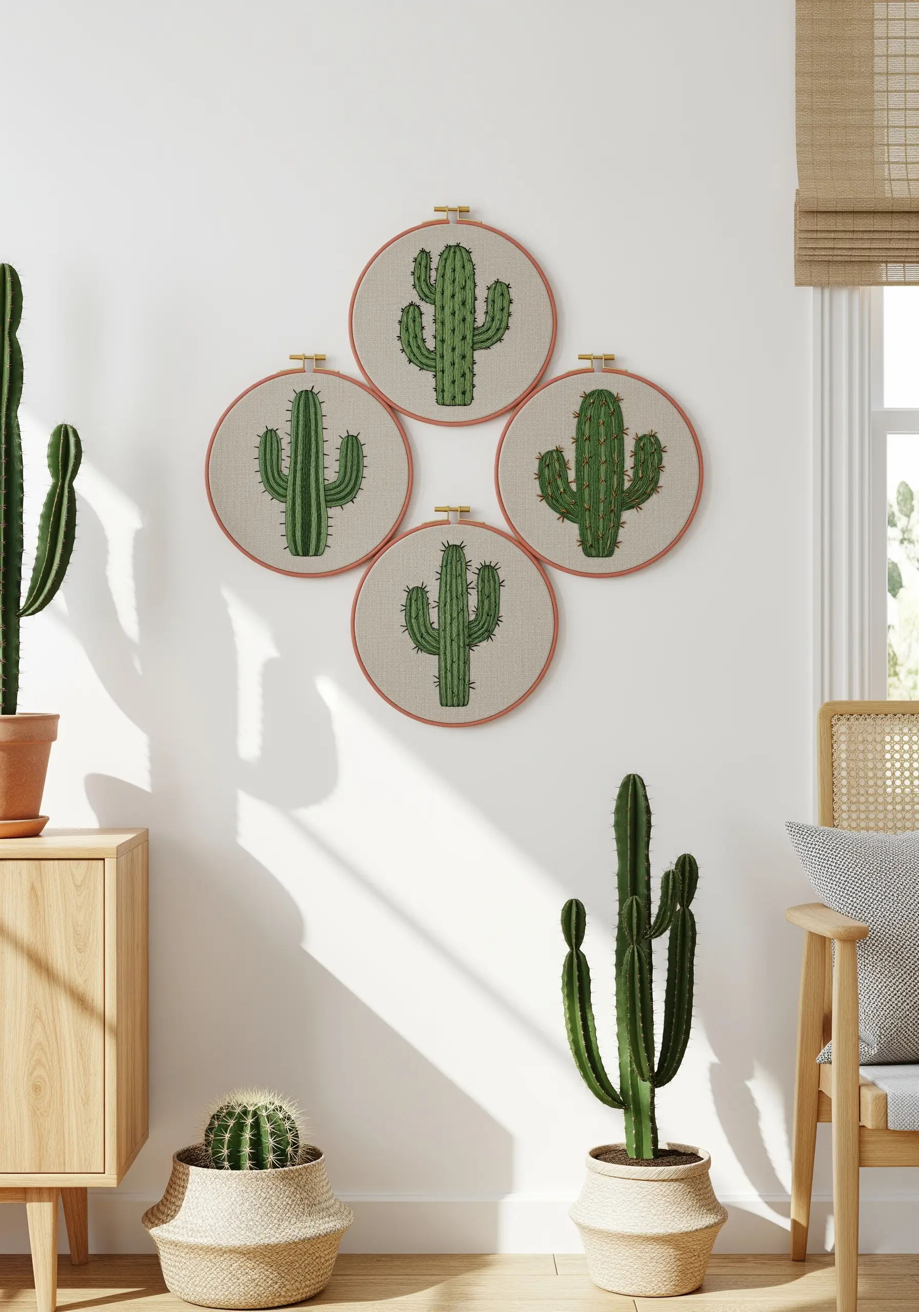 A collection of four embroidery hoops, each featuring a different type of cactus.