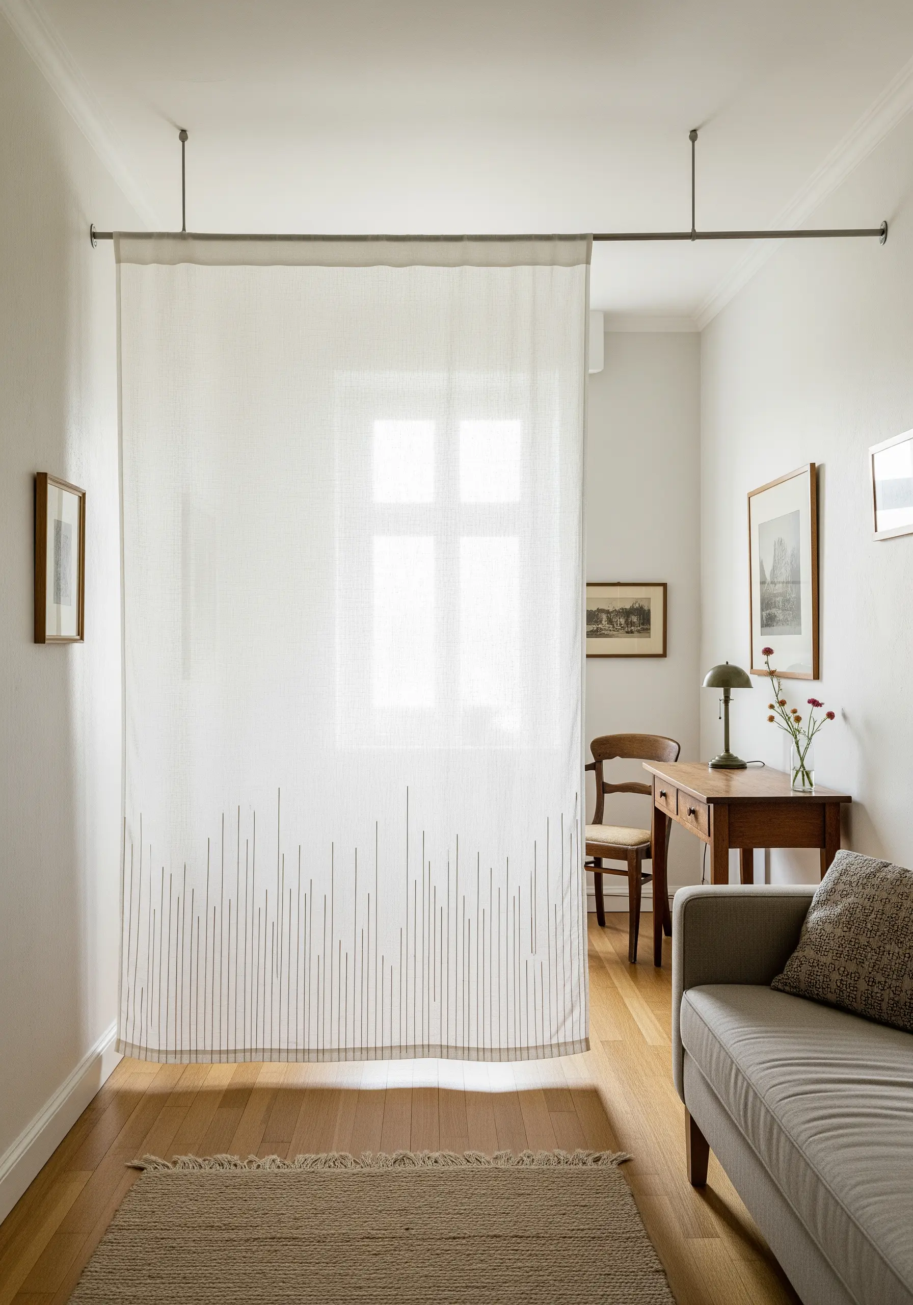 A sheer white room-dividing curtain with a minimalist pattern of thin, vertical gray lines at the bottom.