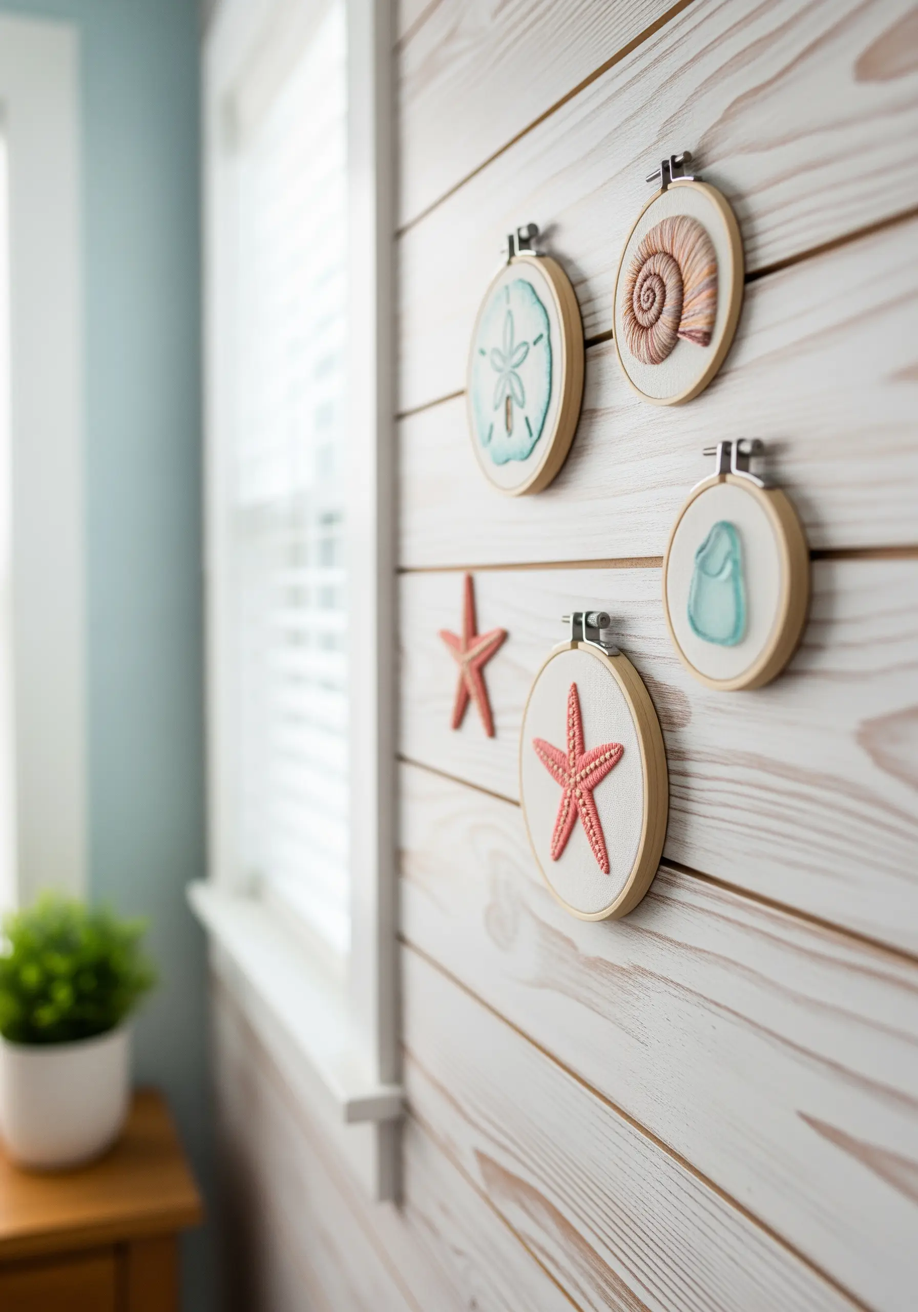A collection of four coastal-themed embroidery hoops with a starfish, shell, and sea glass.