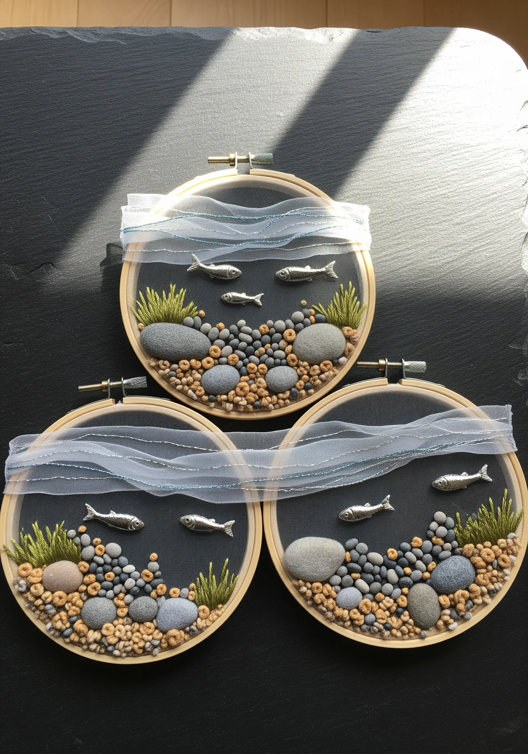 Three embroidery hoops with riverbed scenes; sheer fabric is layered over top for a water effect.