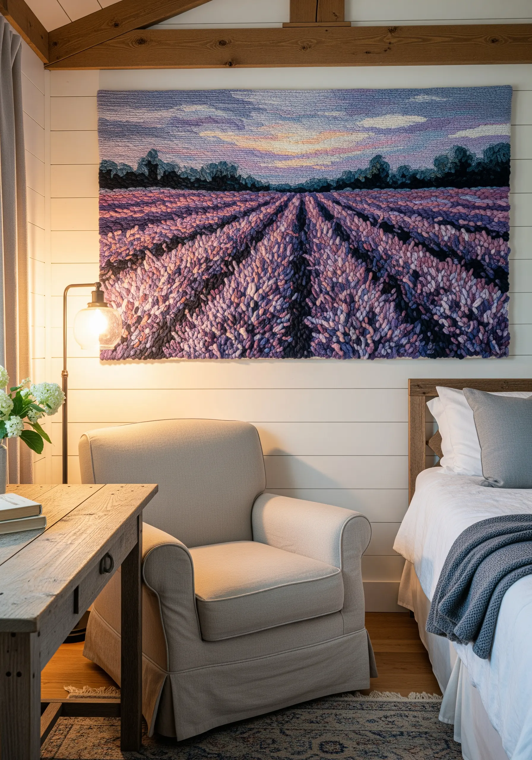 A large, textured wall tapestry of a lavender field at sunset hanging above a chair.