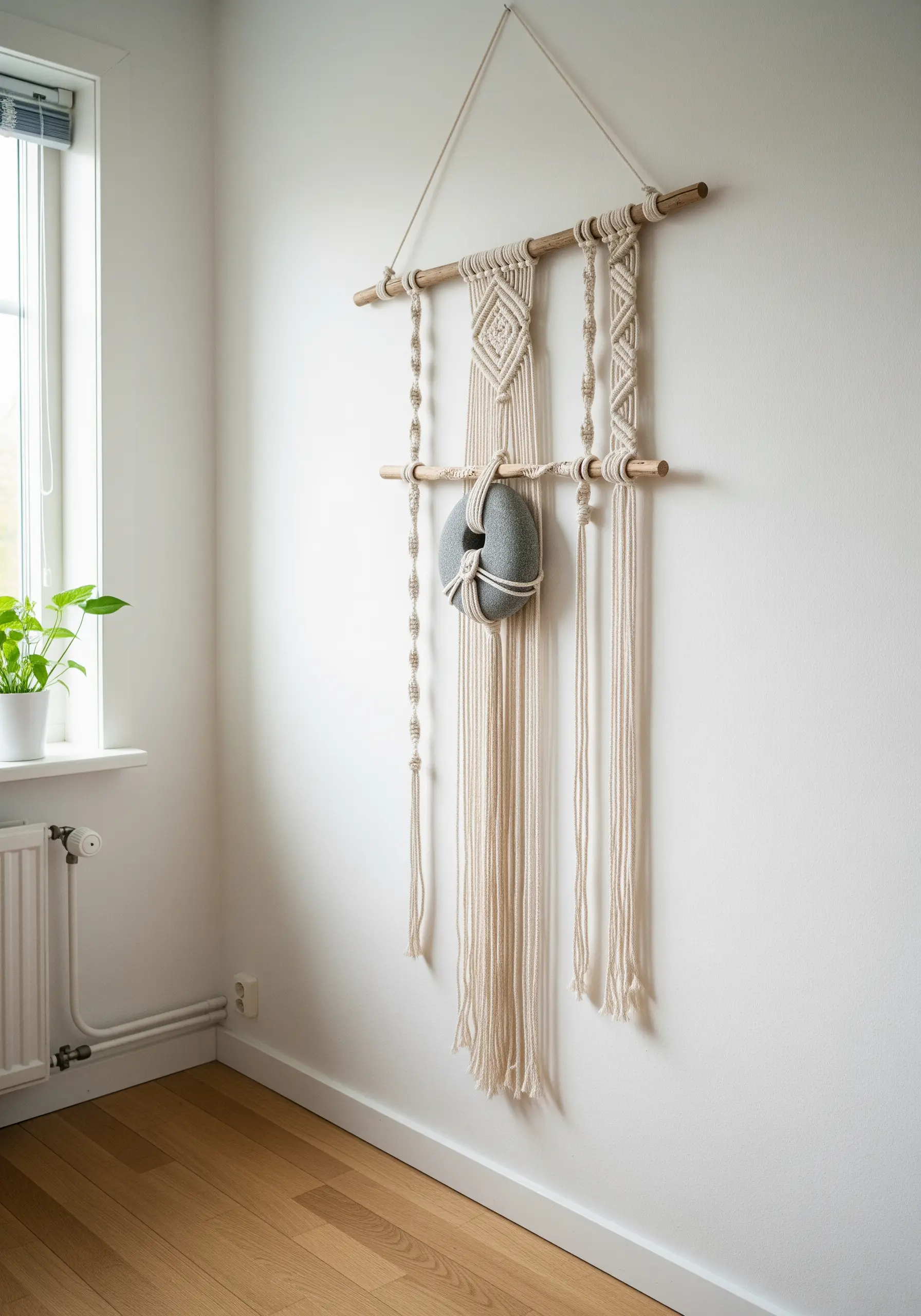 A minimalist macrame wall hanging featuring a smooth grey stone wrapped in natural cord.