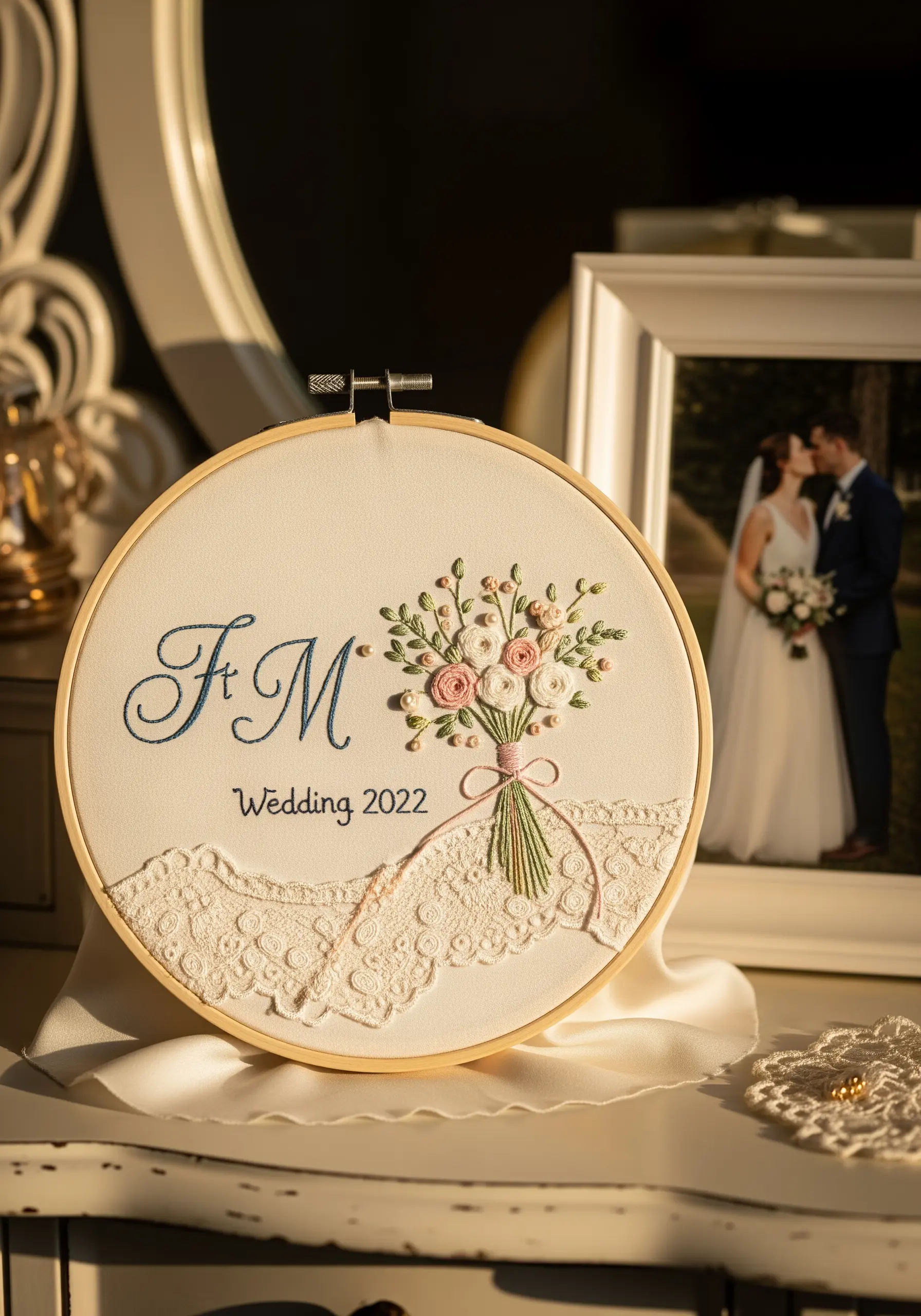 A wedding embroidery hoop with a monogram and floral bouquet, featuring a piece of white lace.