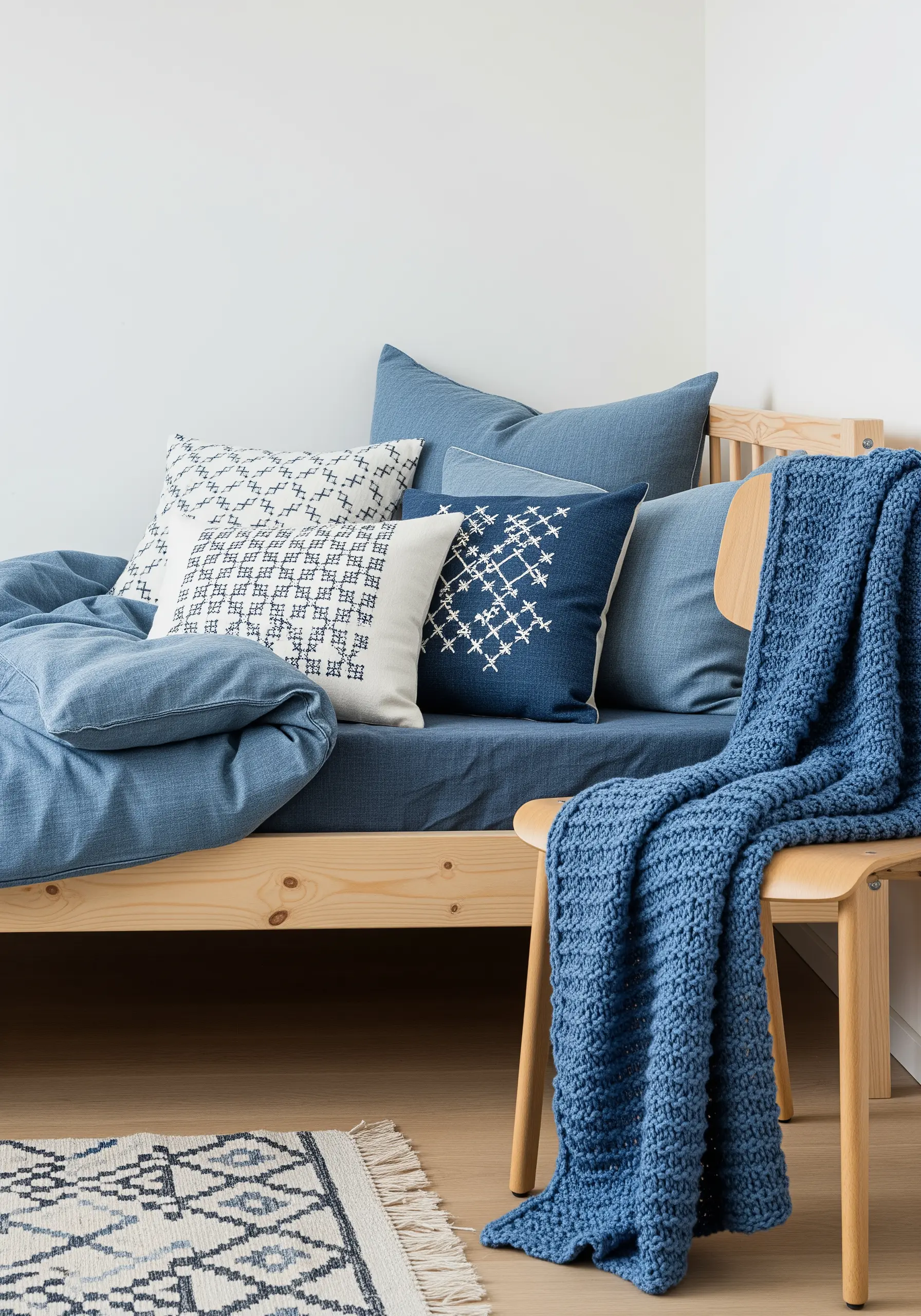 Indigo and cream pillows with geometric and sashiko-style embroidery patterns