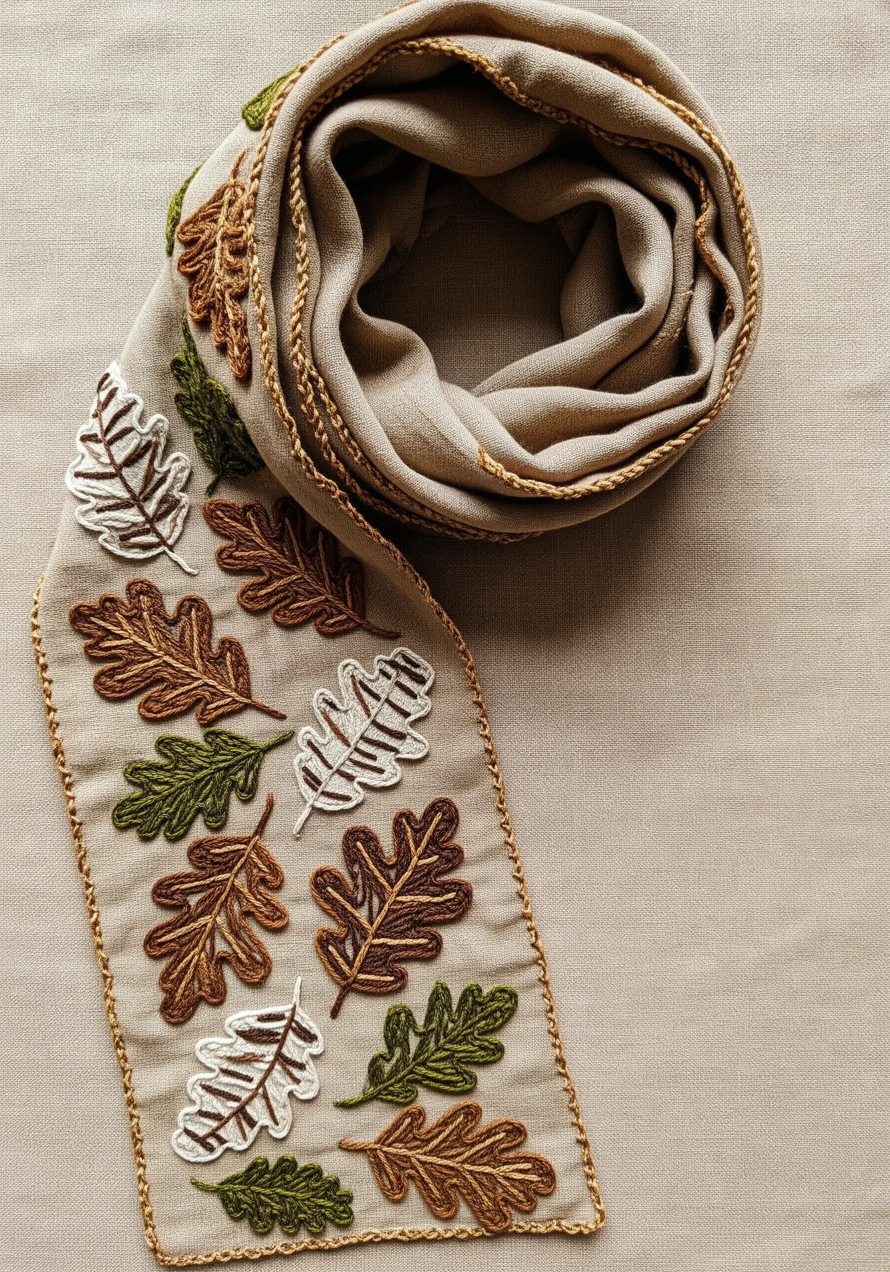 Scattered oak leaves in earthy tones with textured outlines on a natural linen scarf.