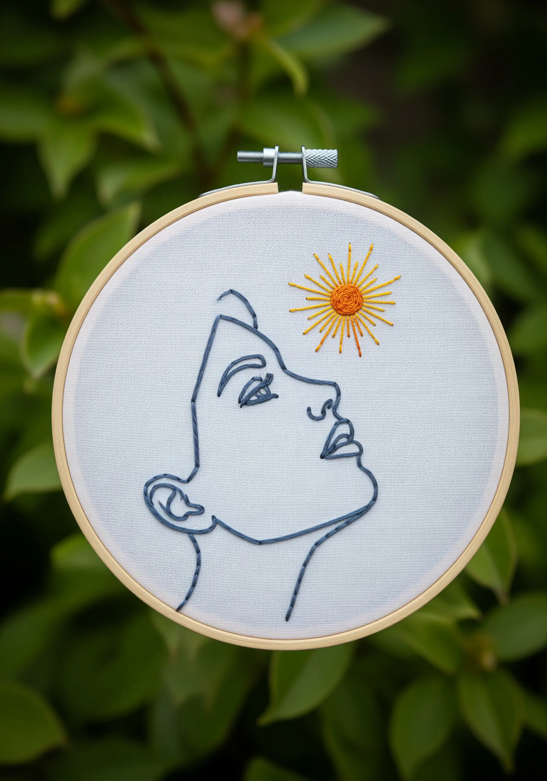 A simple line art face in profile looking up at a small, bright yellow sun.