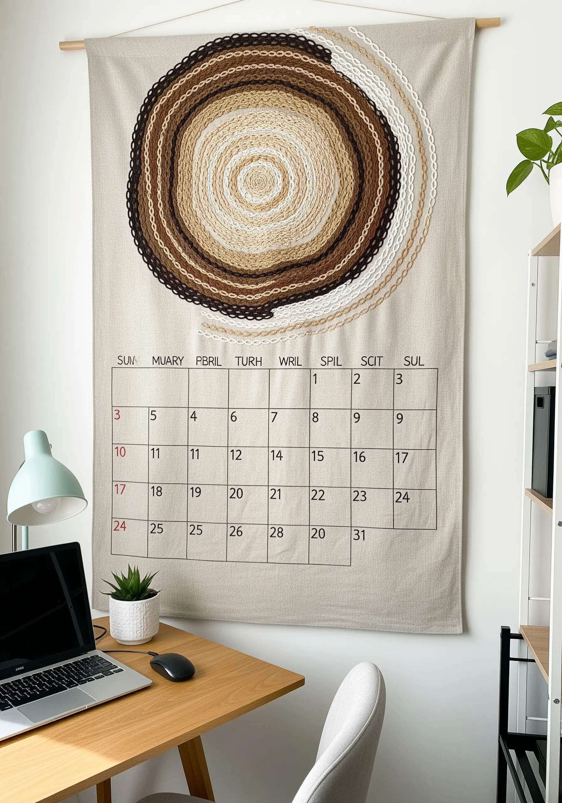 A large fabric wall calendar featuring an abstract, textured spiral in neutral tones.