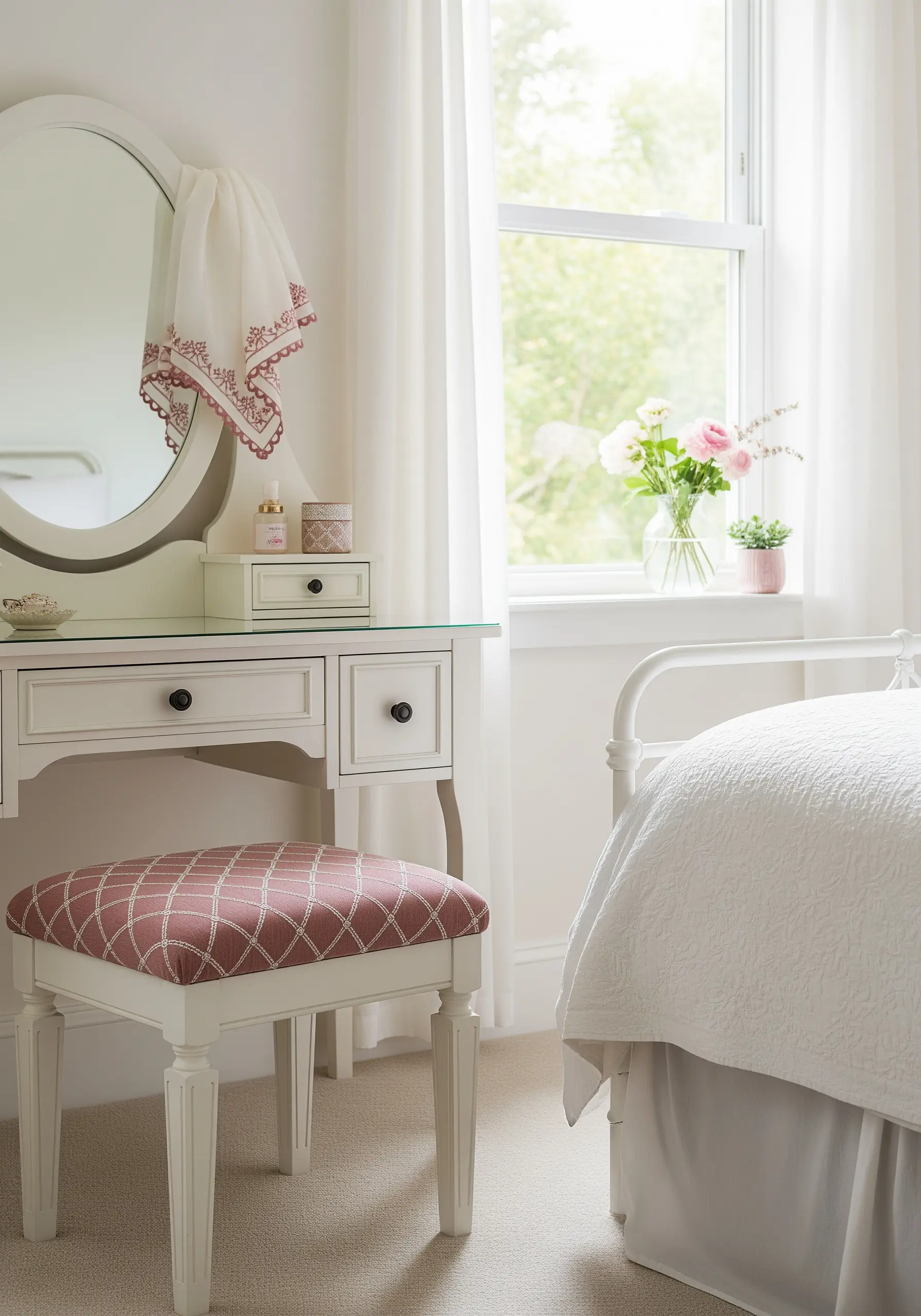 A vanity stool with a dusty rose and ivory geometric embroidered top.