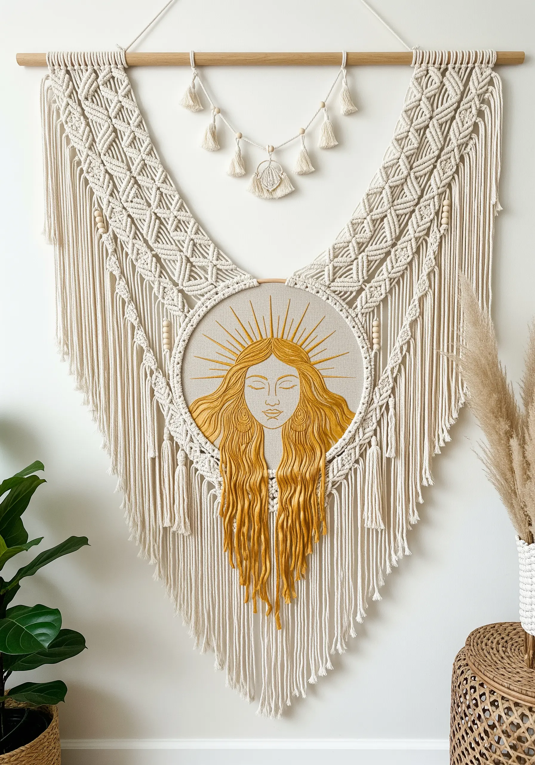 A large macrame wall hanging with an embroidered sun goddess portrait as its centerpiece.