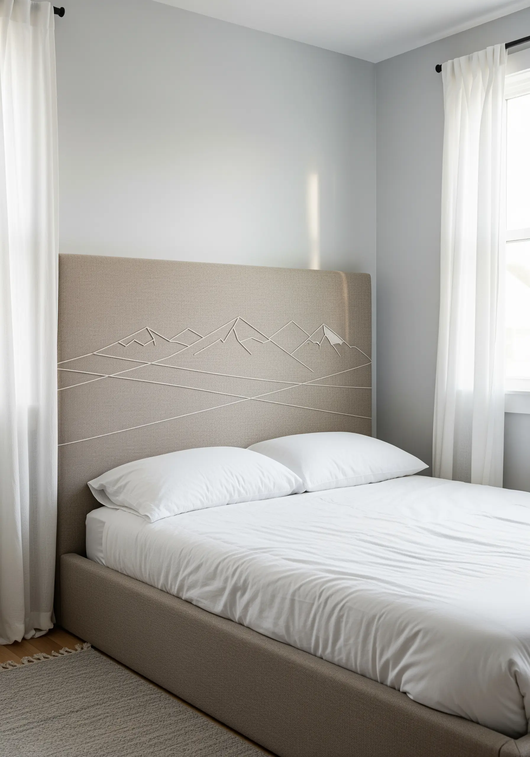 A minimalist mountain range embroidered with white thread directly onto a neutral upholstered headboard.