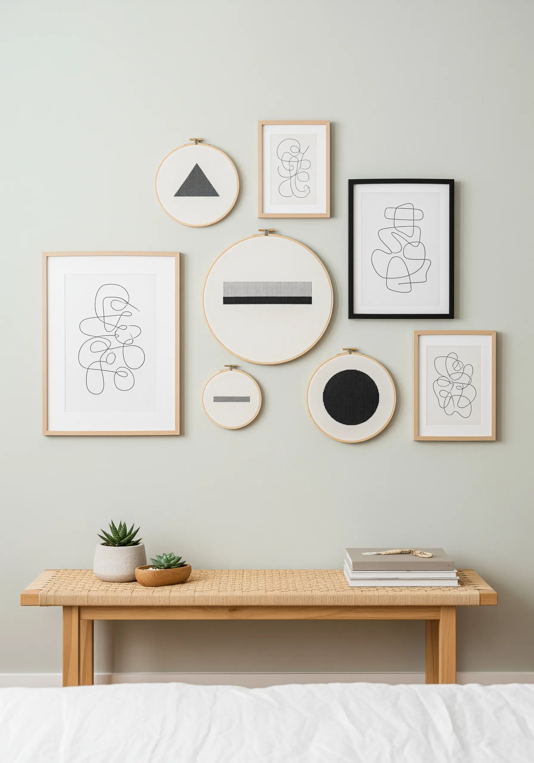 A gallery wall mixing framed line art prints and abstract black and white embroidery hoops.