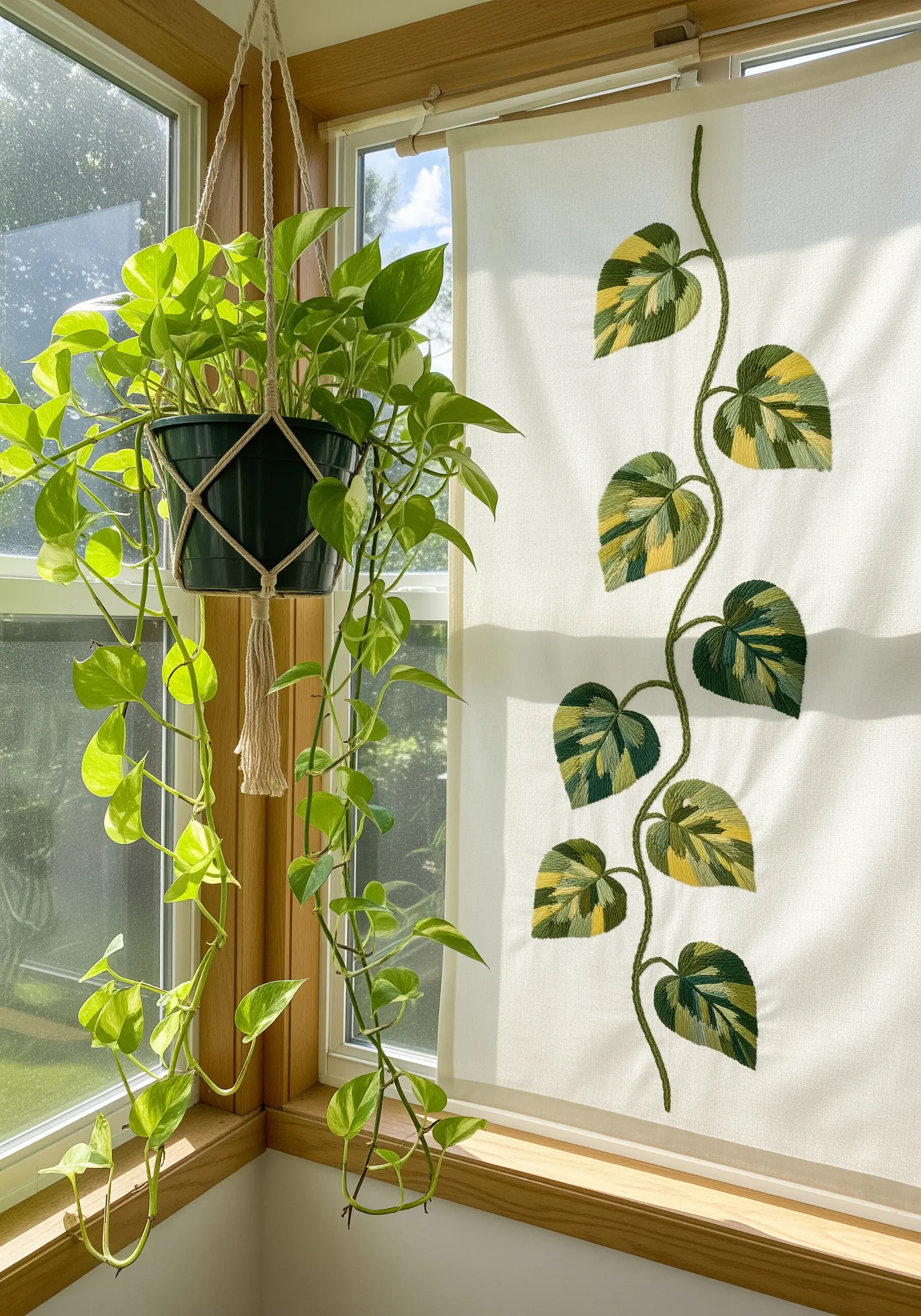 Embroidered Pothos vine on a sheer curtain hanging next to a real Pothos plant