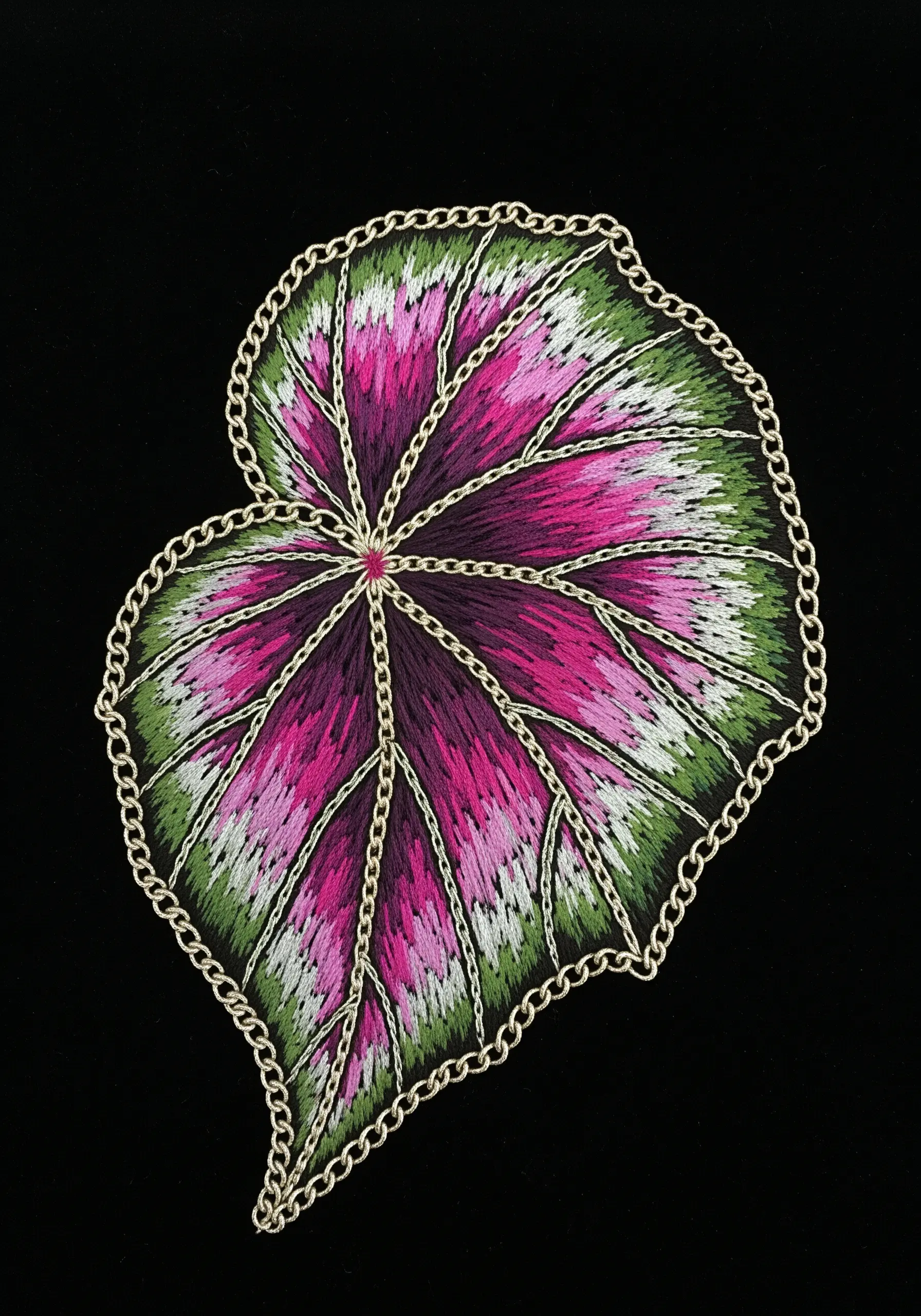 A pink and green begonia leaf where the veins are made of fine gold chain.