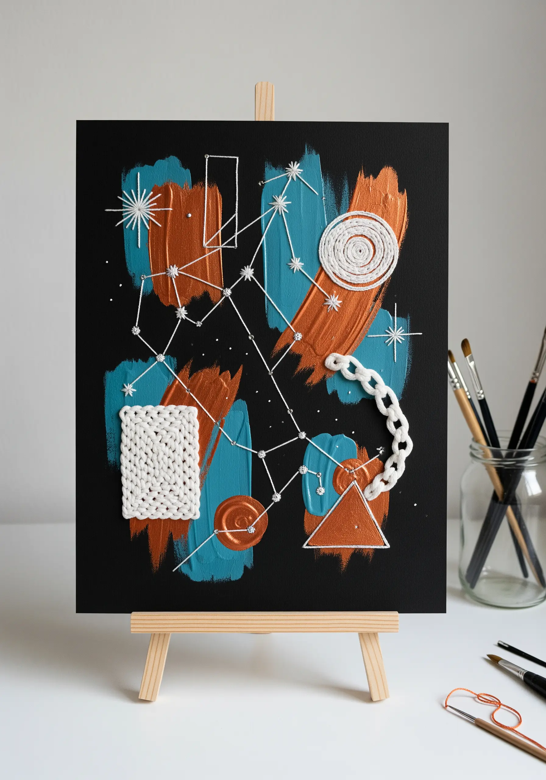 Abstract painting on black canvas with woven and couched sculptural thread elements.