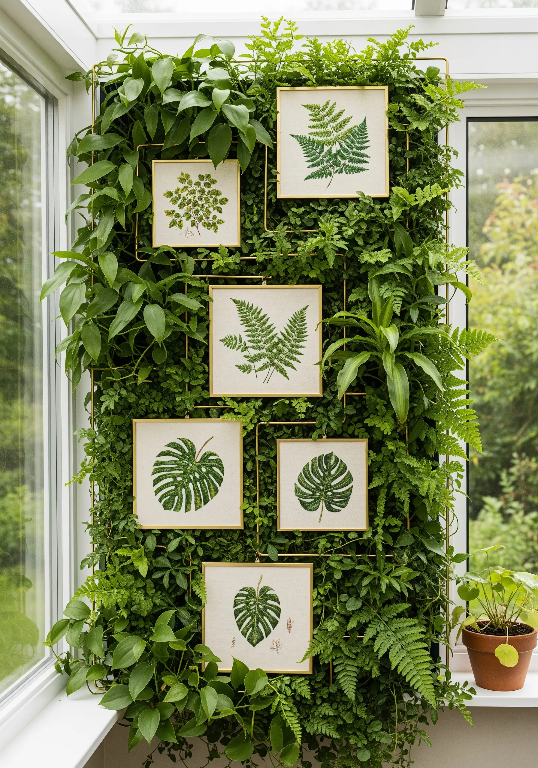 Framed embroidery of detailed fern and monstera leaves mounted on a lush green wall