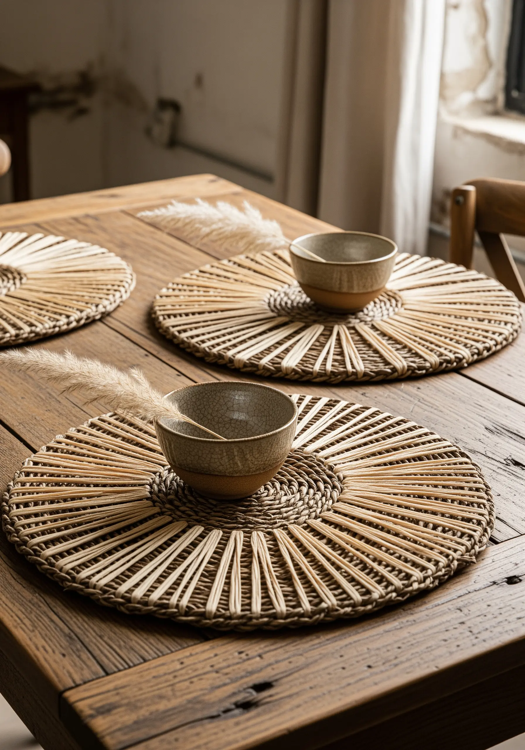 Woven placemats with neutral thread wrapping details creating a sunburst pattern.