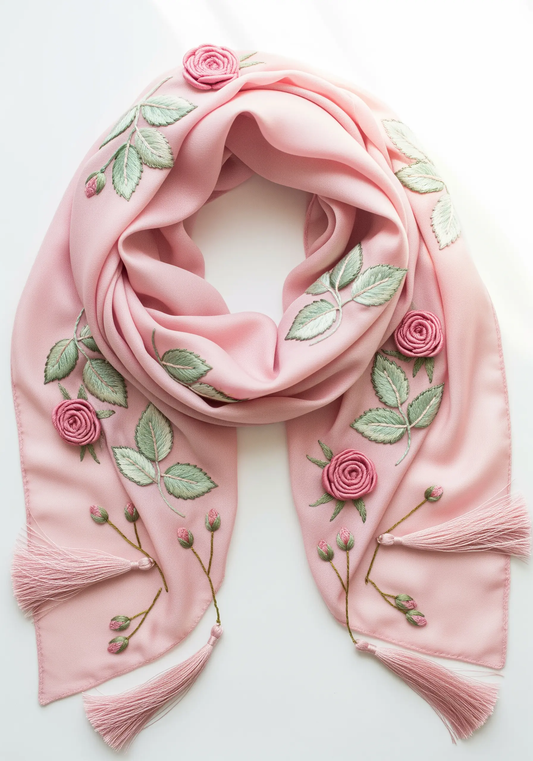 Pink scarf with embroidered leaves and dimensional woven wheel stitch roses.