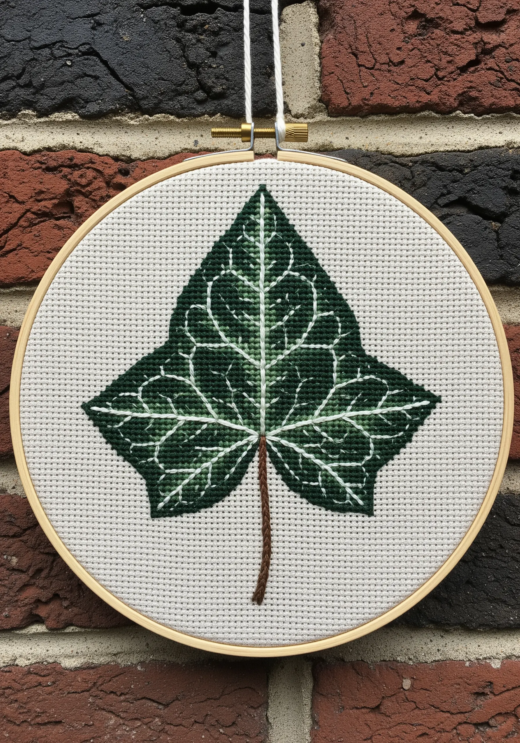 A cross-stitched ivy leaf on white Aida cloth with veins defined by white backstitch.