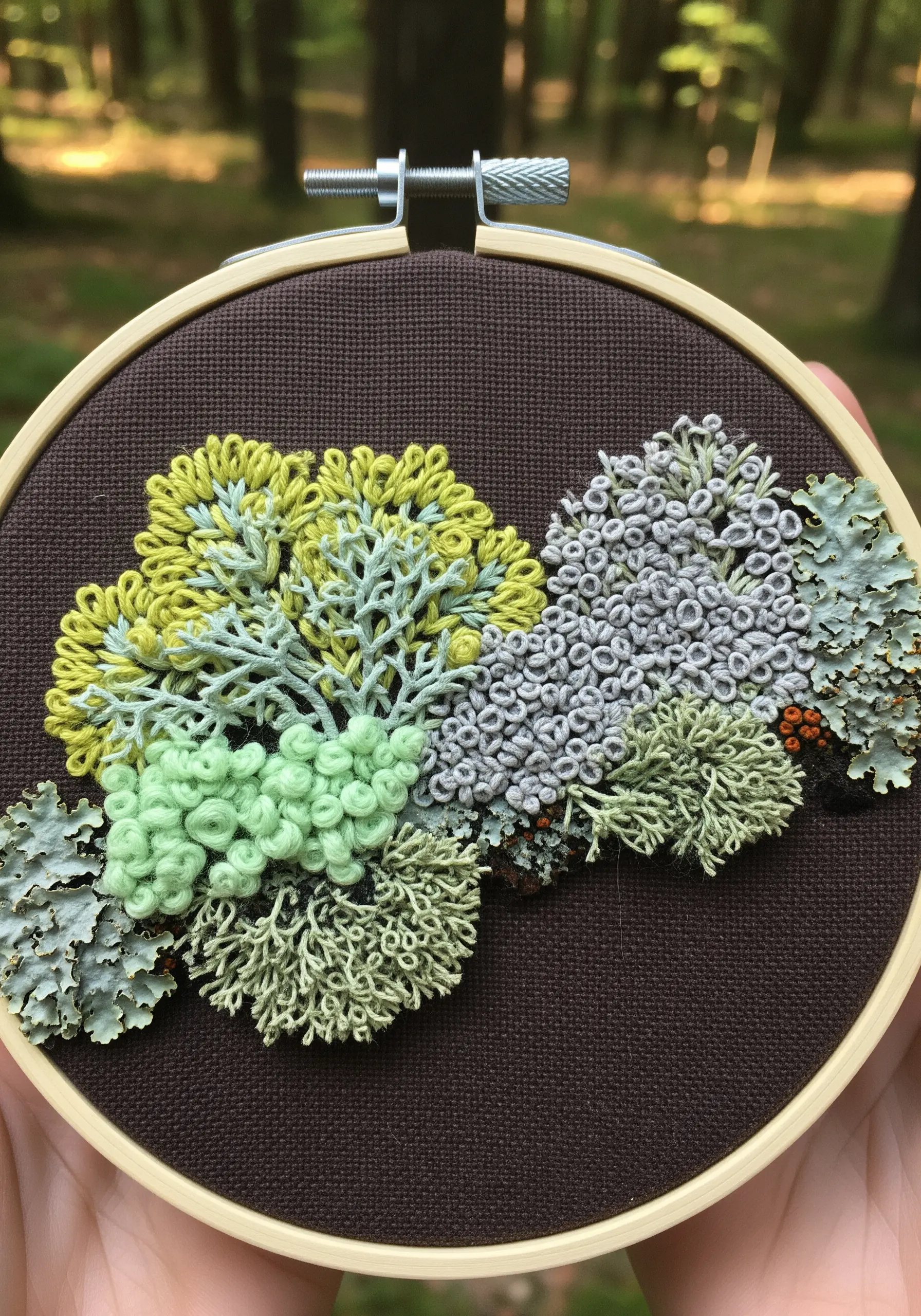 Close-up of highly textured lichen embroidery using French knots and bullion knots.