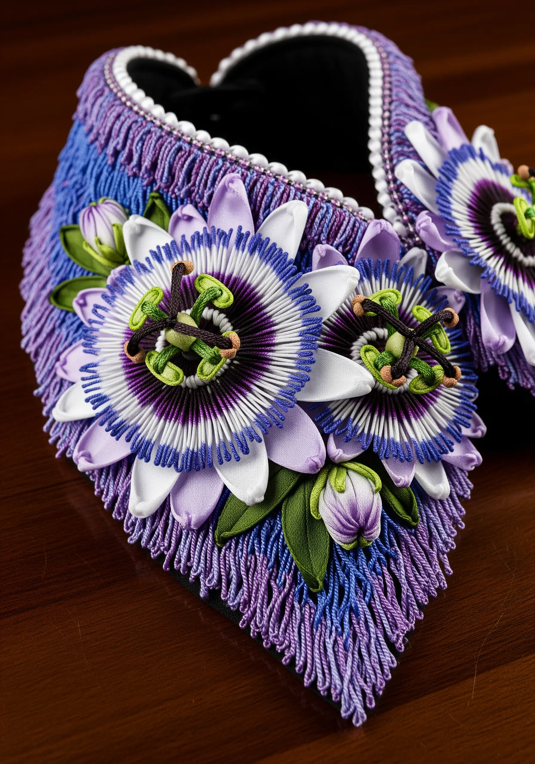 An elaborate collar featuring ribbon embroidery passion flowers with intricate thread-work details.