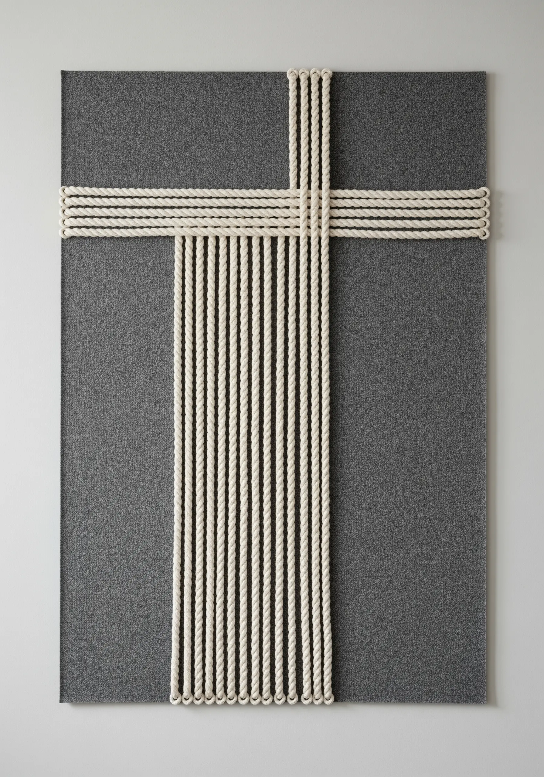 A minimalist cross made from thick white woven cord on a grey fabric panel.