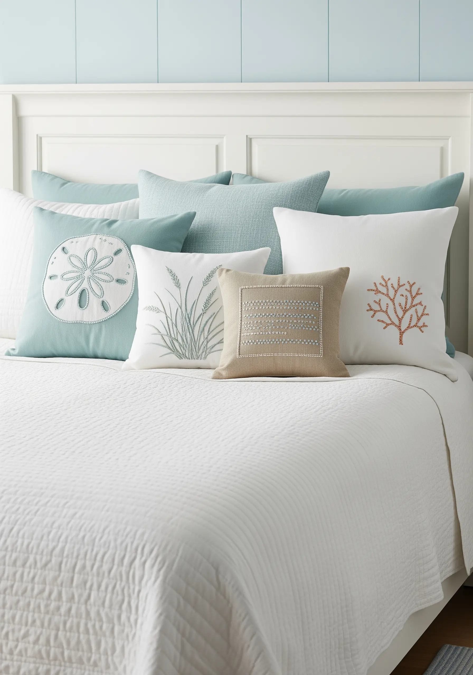 A collection of coastal-themed pillows with beadwork and textural embroidery of a sand dollar and coral.