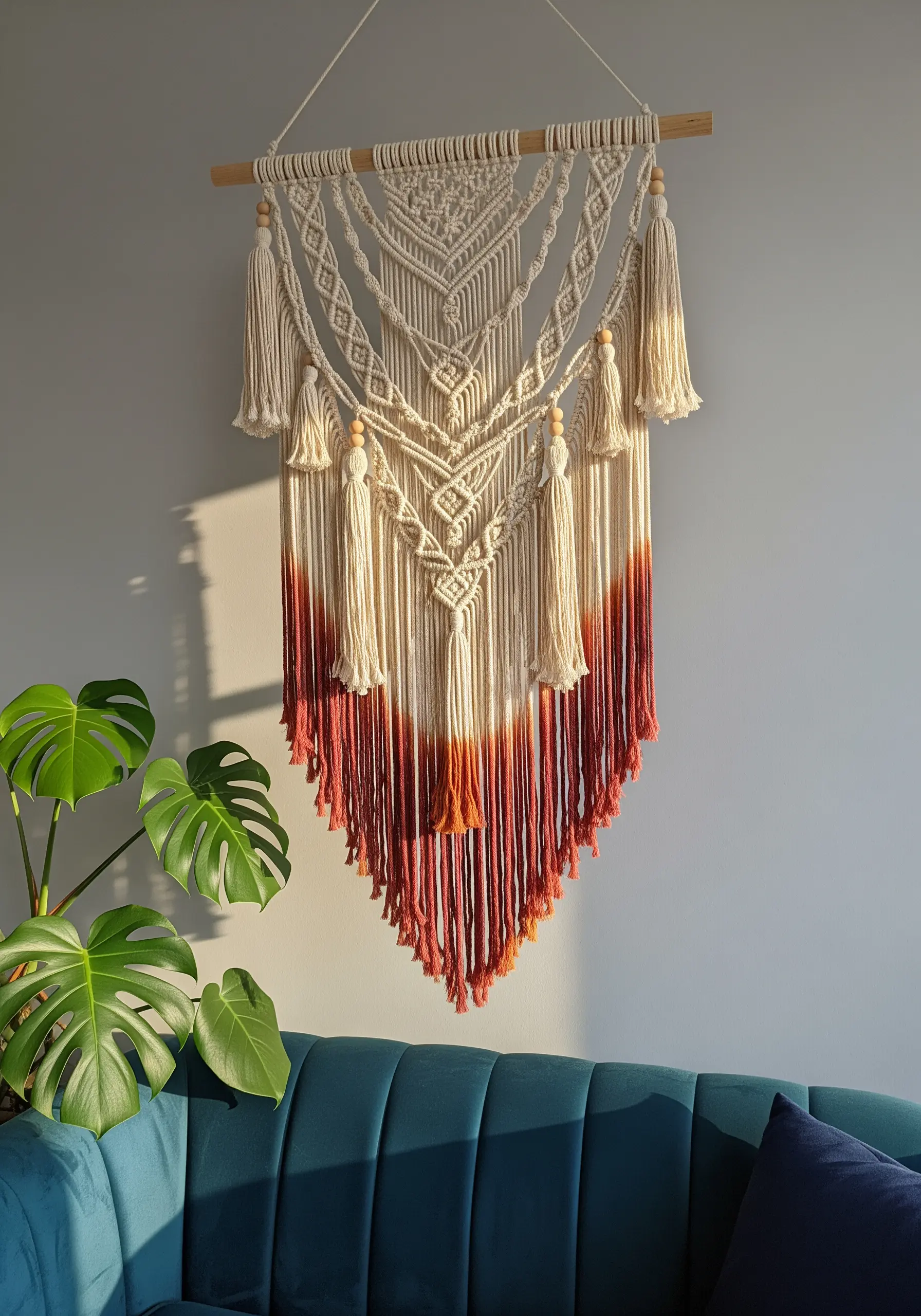 Large macrame wall hanging with a red and orange dip-dyed gradient effect on the tassels.