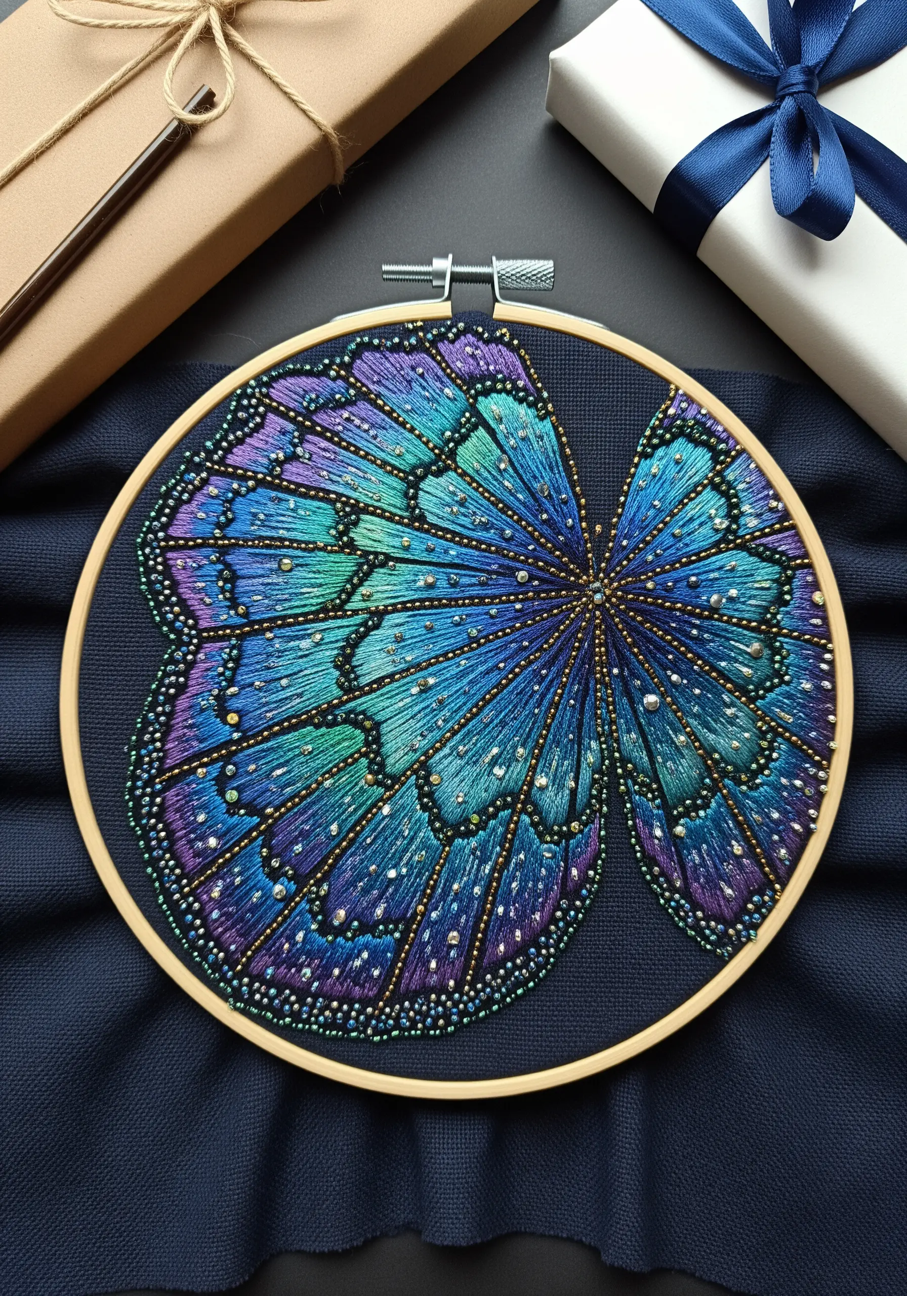 A detailed embroidery of butterfly wings in blue and purple, embellished with iridescent seed beads.