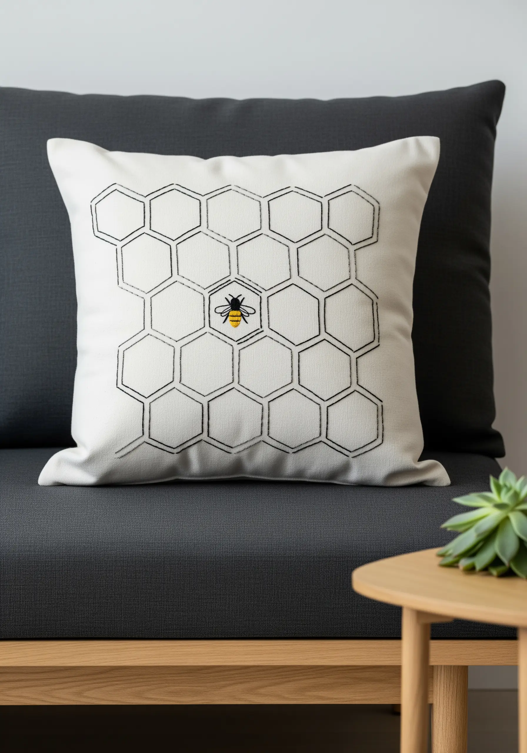 A single yellow and black bee stitched on a white pillow with a black honeycomb pattern.