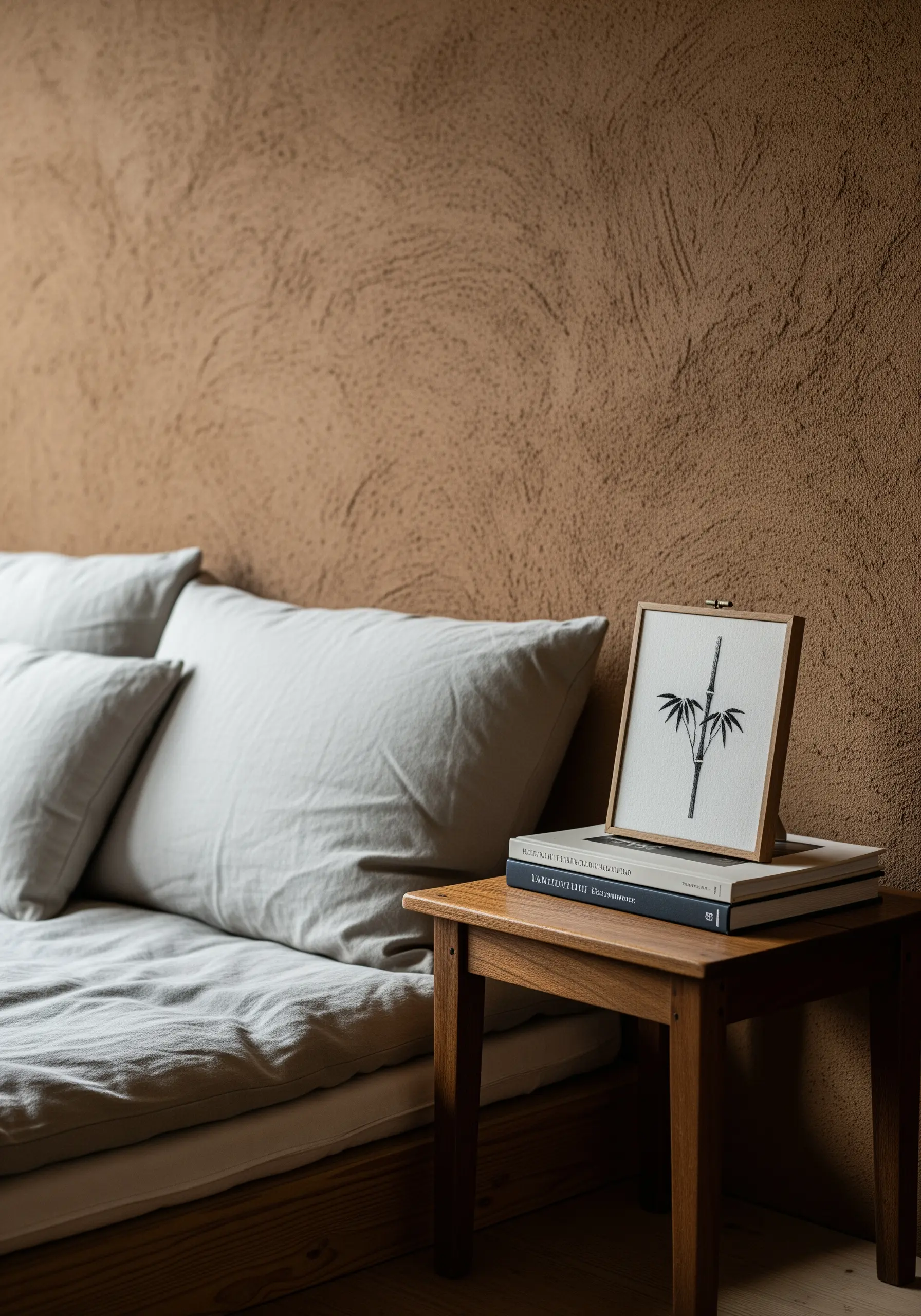 A single framed embroidery of a black bamboo stalk resting on a stack of books on a nightstand.