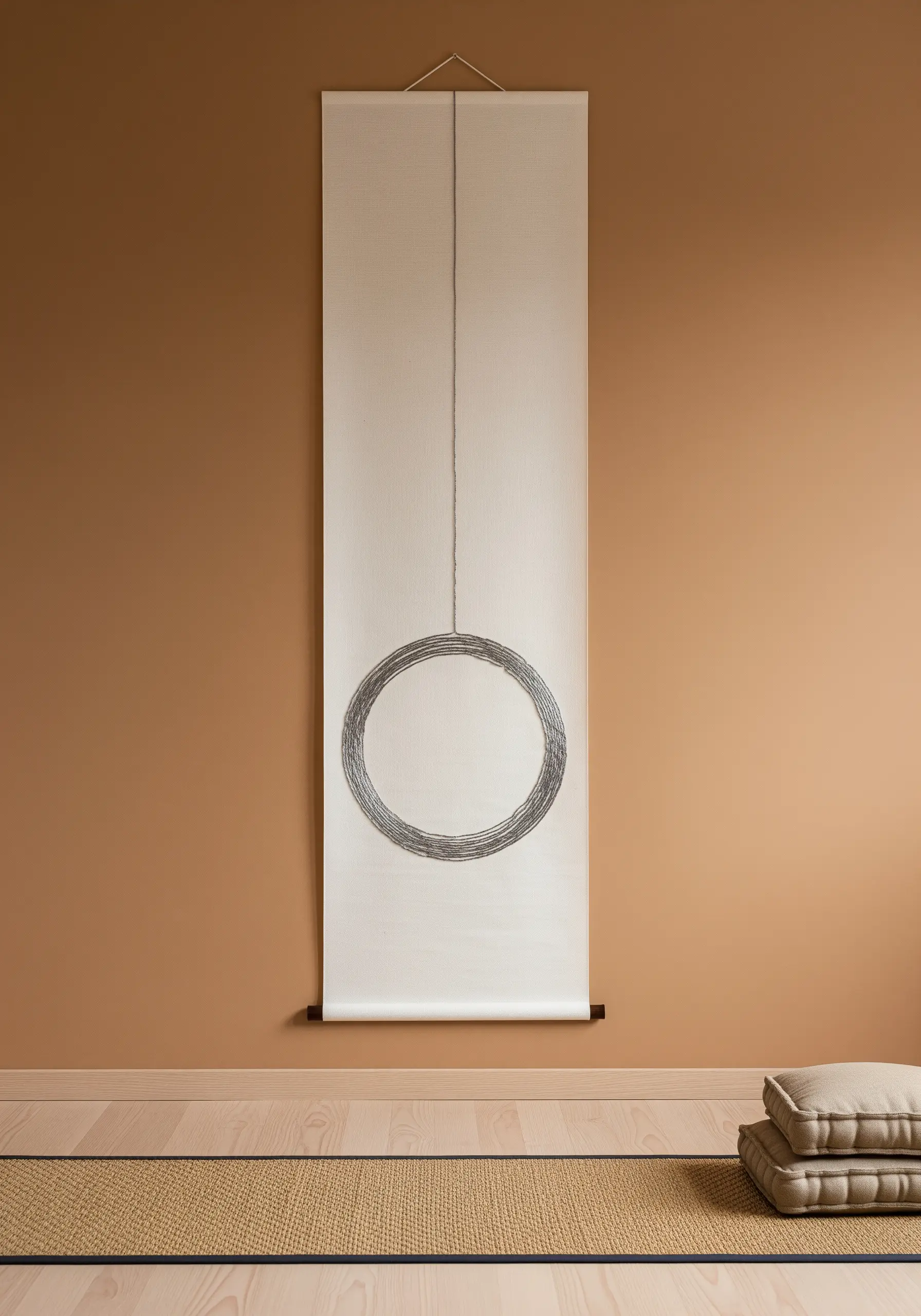 A long, cream-colored wall scroll with a single, densely stitched circle in gray thread.