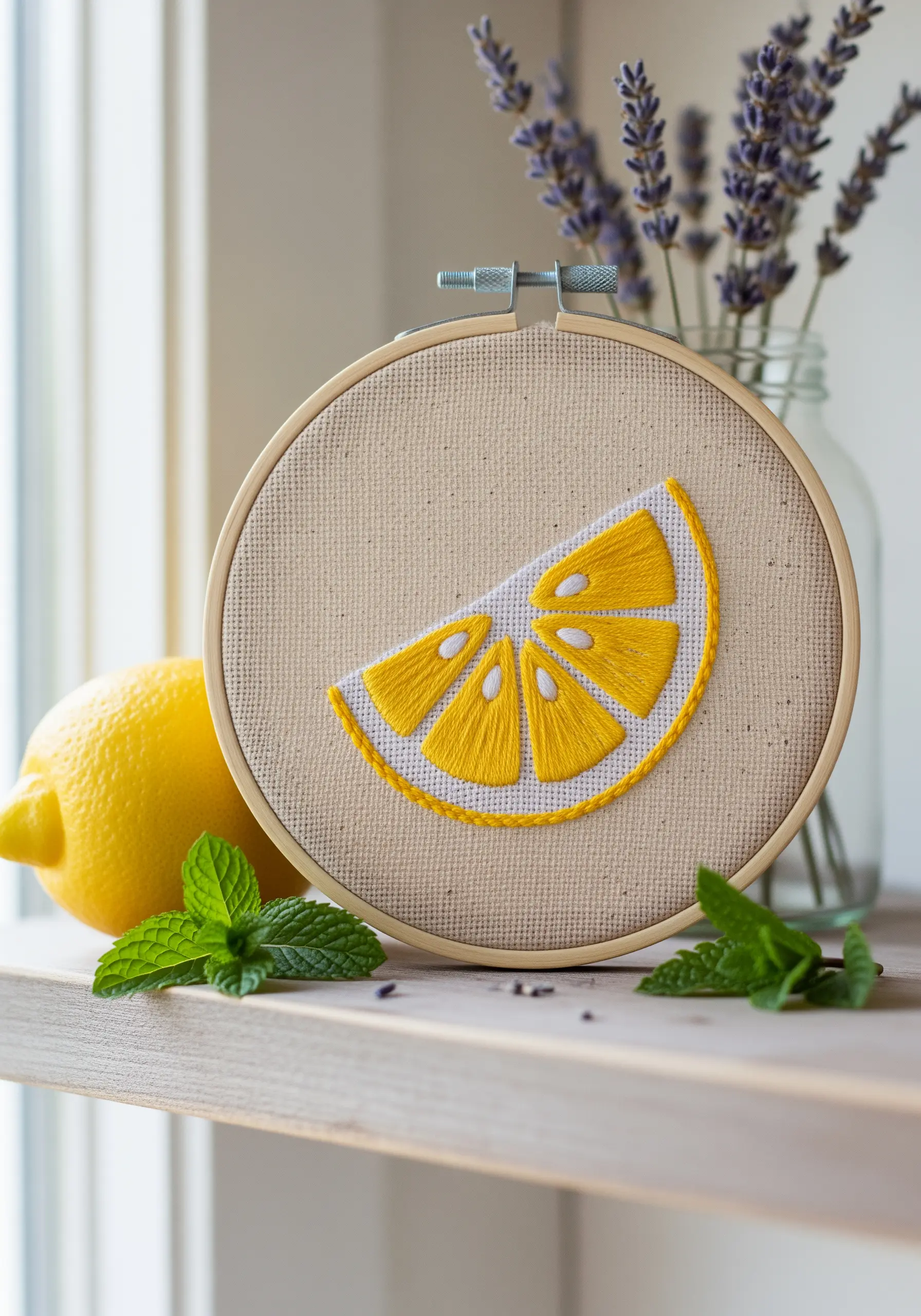 A lemon slice with yellow segments defined by a white outline stitch.