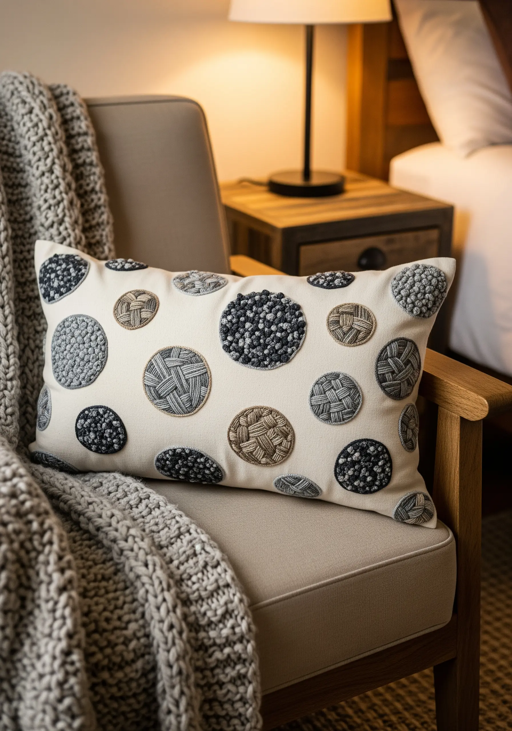 A lumbar pillow with embroidered circles filled with various textures like French knots and woven stitches.