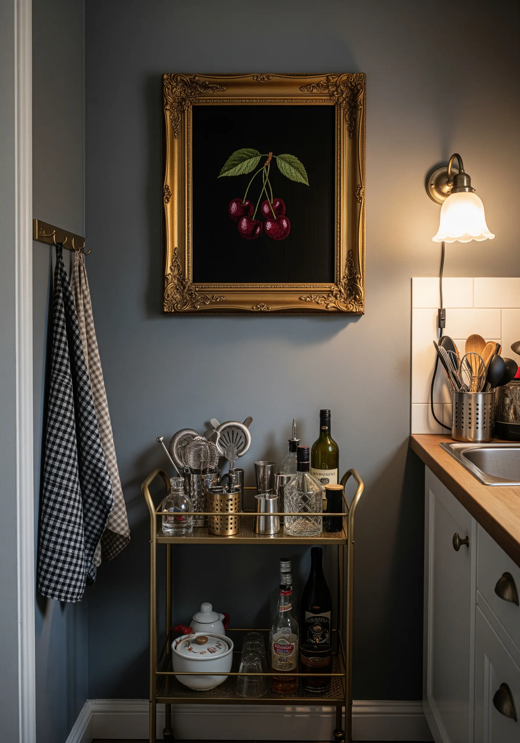 A realistic embroidery of cherries on black fabric, presented in a large, ornate gold frame.