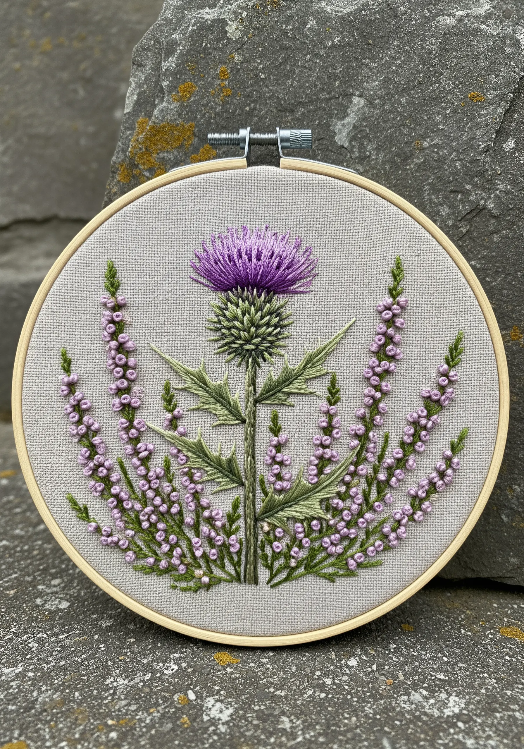 A Scottish thistle with a textured purple top and spiky leaves, surrounded by pink heather.